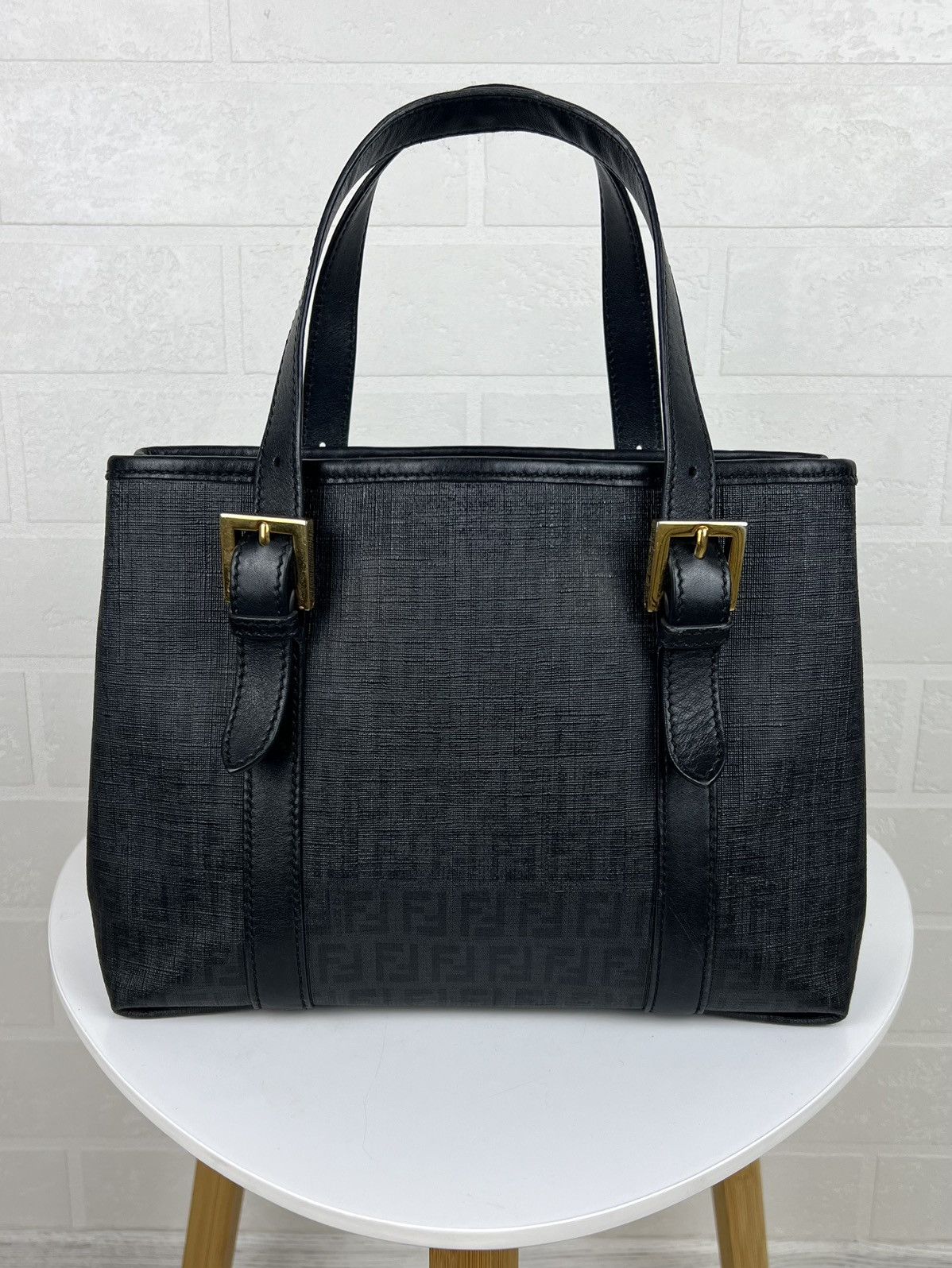 FENDI ZUCCHINO Hand Bag FF Monogram Canvas Black Women’s
