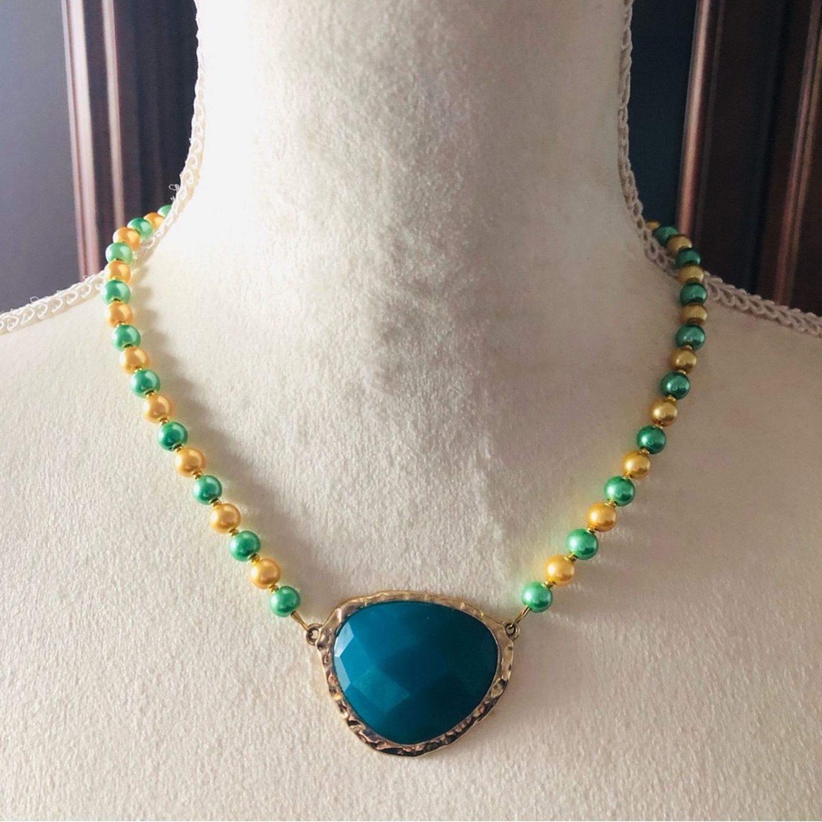 Handmade Handcrafted repurpose teal green dome glass Pearl necklace Size ONE SIZE - 2 Thumbnail