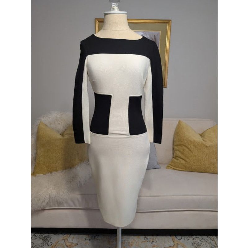 Other Cache Color-Blocked Black & White Bodycon Midi Dress Size XS / US 0-2 / IT 36-38 - 1 Thumbnail