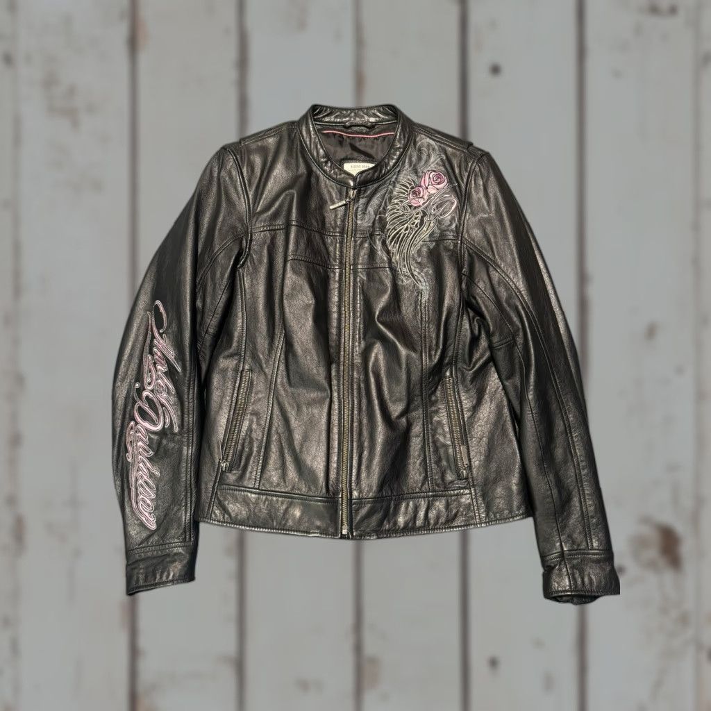 Harley Davidson VINTAGE Harley-Davidson Womens Biker Jacket Leather Rose Pink Size L Black Mid-Length Long Sleeve Regular Clean Embroidered Logo Size L / US 10 / IT 46 - 1 Thumbnail