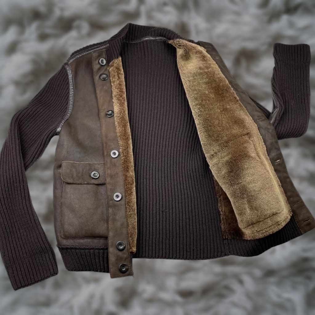 Giorgio Armani VINTAGE Giorgio Armani Collezioni Men's Sheepskin Leather Wool Ribbed Jacket 42 Brown Wool Shearling Lined Bomber Jacket Pockets Mens Size US XS / EU 42 / 0 - 1 Thumbnail
