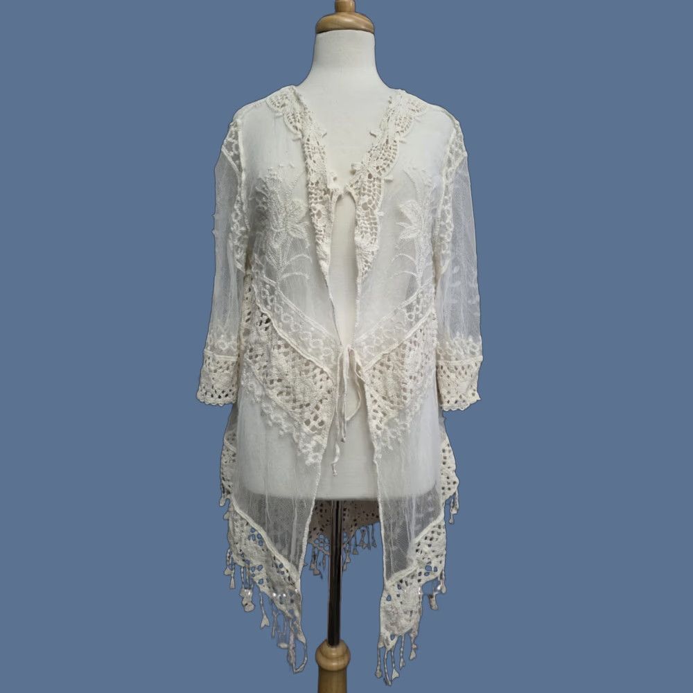 Vintage Everleigh Sheer Lace Kimono Duster Tie Front Ivory Women's Large Boho Hippie Size L / US 10 / IT 46 - 1 Thumbnail