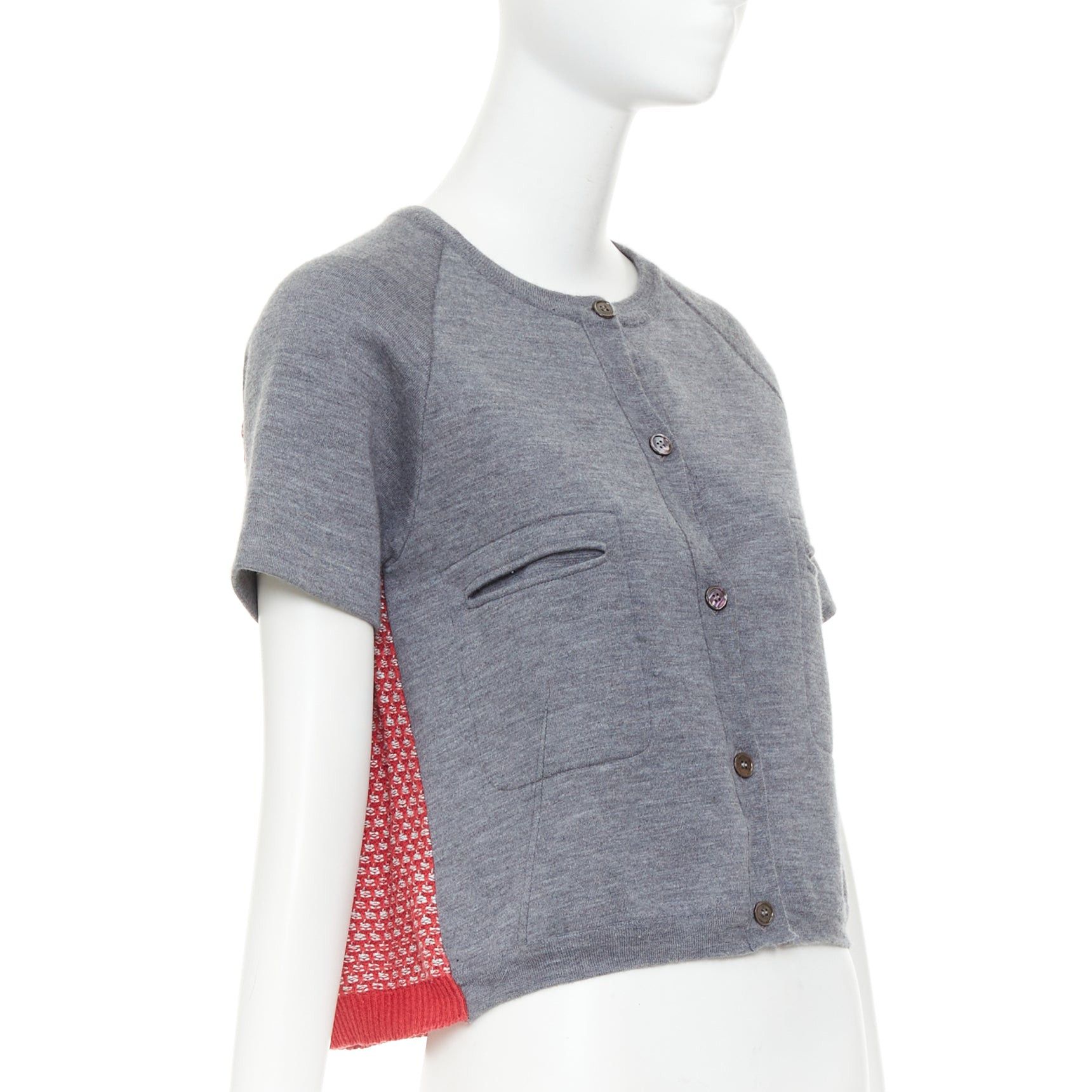Marni MARNI 2016 grey cotton raglan short sleeve red tweed back cropped cardigan IT40 S Size S / US 4 / IT 40 - 1 Thumbnail