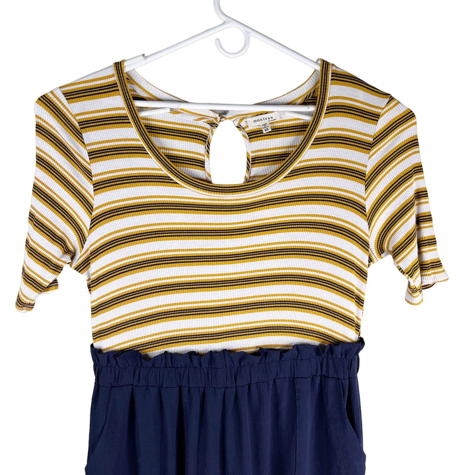 Other Monteau Jumpsuit 2X Navy Yellow Stripes SS Stretch Pockets Size 42" / US 20 - 3 Thumbnail