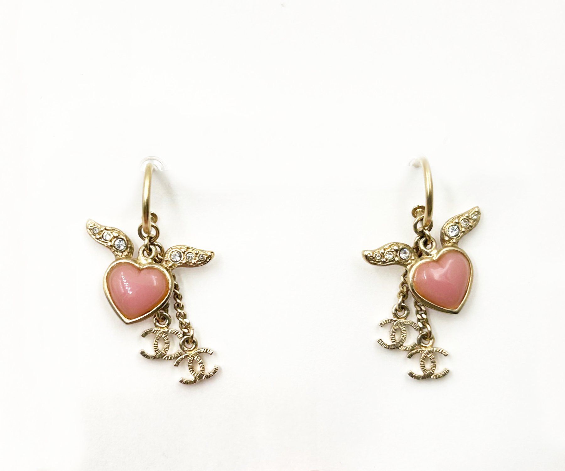 Chanel Rare Gold CC Carol Heart Wing Hoop Earrings