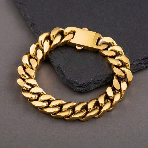 Other Men Gold 13mm Wide Stainless Steel Miami Curb Chain Bracelet Size ONE SIZE - 5 Thumbnail