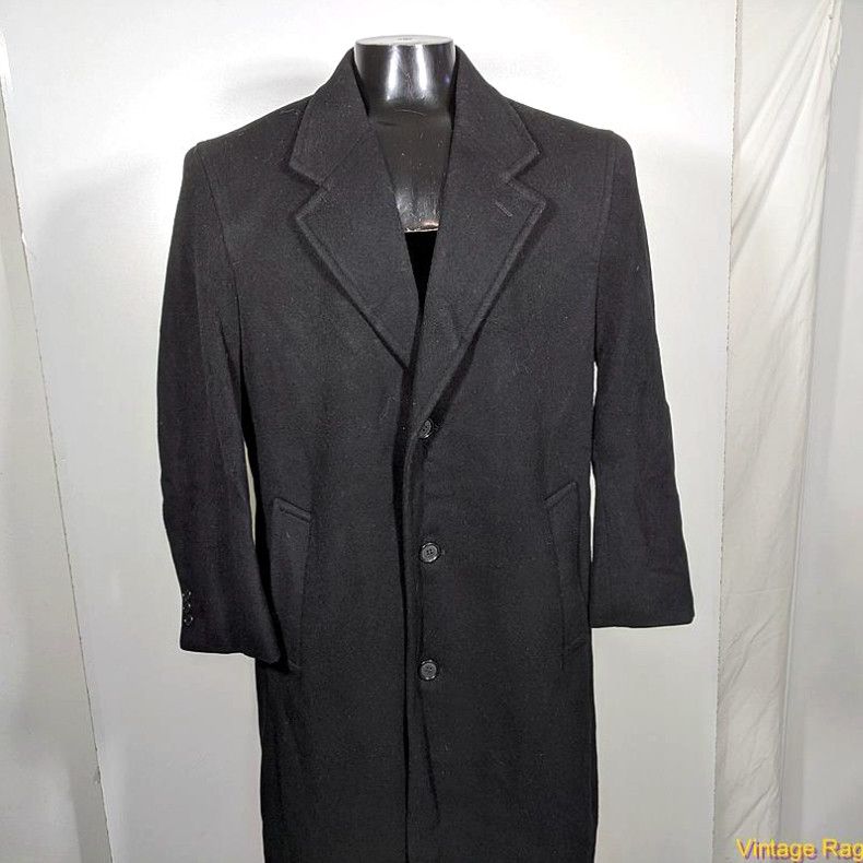 image of Vintage Ron Chereskin Italy Long Wool Cashmere Coat Overcoat Mens Size S 38 Black in White