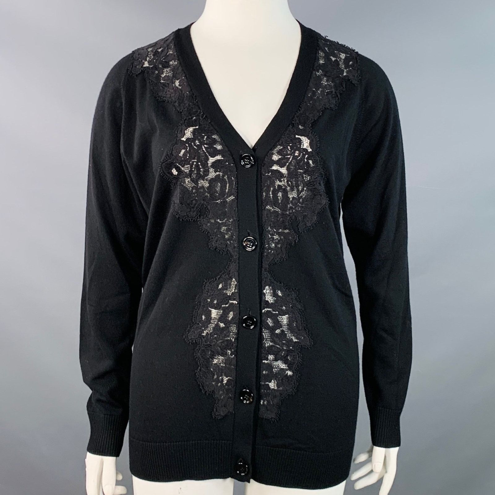 Chloe CHLOE Size L Black Wool Lace Trim V-Neck Button Up Cardigan Size L / US 10 / IT 46 - 1 Thumbnail