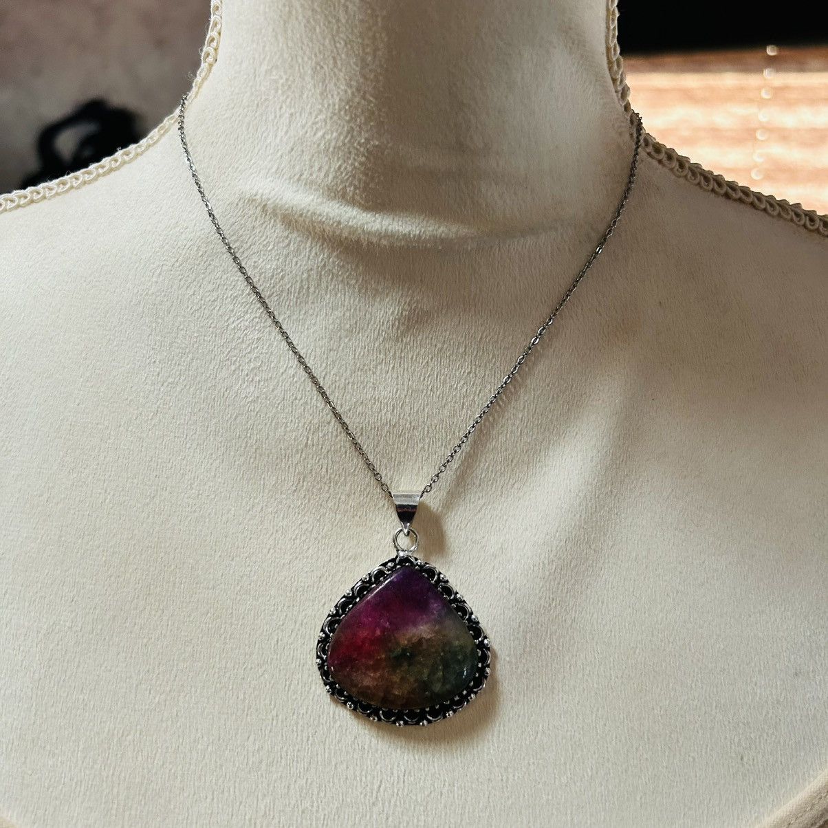 Handmade Handcrafted watermelon tourmaline dogtooth 925 necklace Size ONE SIZE - 3 Thumbnail