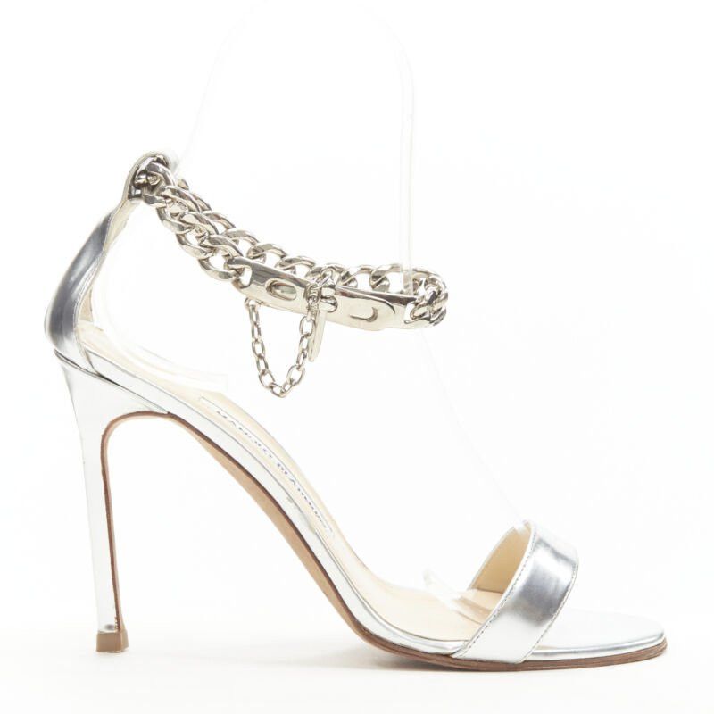 Manolo Blahnik MANOLO BLAHNIK silver chunky chain lock ankle strap high heel sandal EU37 US7 Size US 7 / IT 37 - 1 Thumbnail