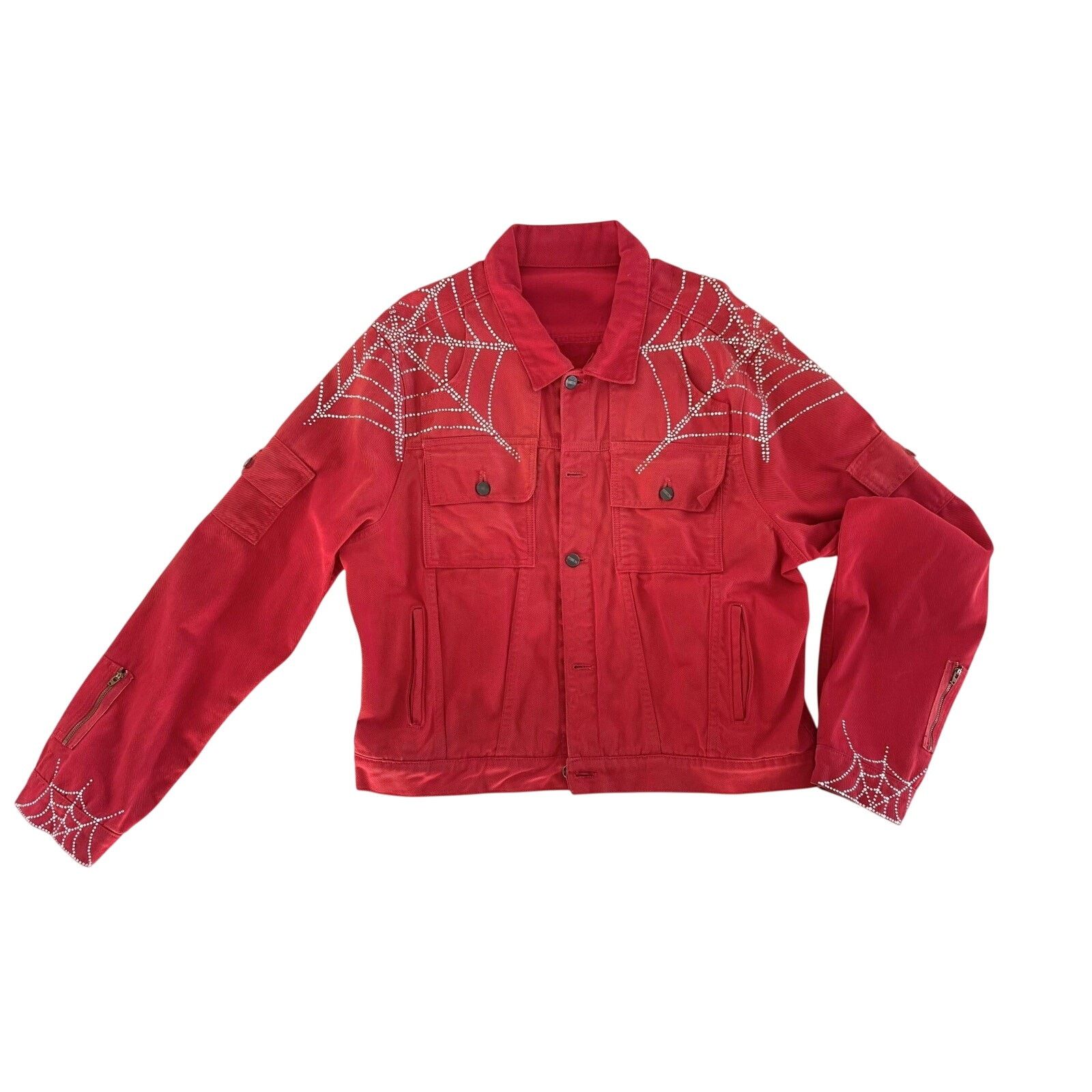 Sp5der Sp5der Young Thug Denim Trucker Jacket Sample Red Rhinestone Size US XL / EU 56 / 4 - 1 Thumbnail