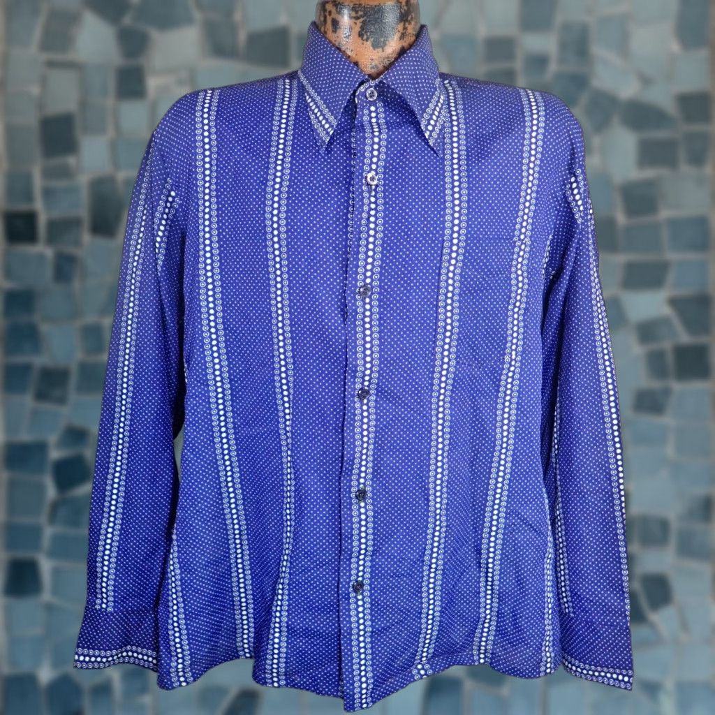 Sears SEARS Kings Road MCM Disco Shirt Mens XL Vintage 70s Groovy Blue White Dot AOP Button-Front Shirt - True Vintage 1965-1976 50s 60s 70s Size US XL / EU 56 / 4 - 1 Thumbnail
