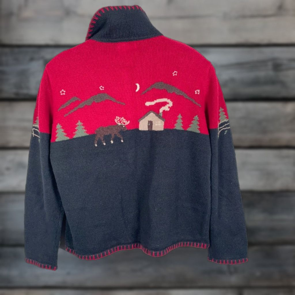 Vintage VINTAGE Hand Embroidered Scenic Nature Zip Cardigan Women's Large Black Red Moose 2002 Size L / US 10 / IT 46 - 1 Thumbnail