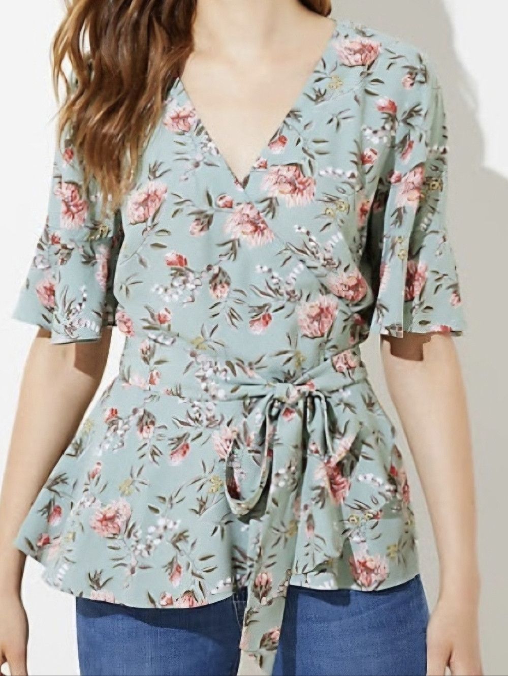 Loft Brushed Sage Floral Peplum Short Slv Wrap Top Spring Summer Size XS / US 0-2 / IT 36-38 - 1 Thumbnail