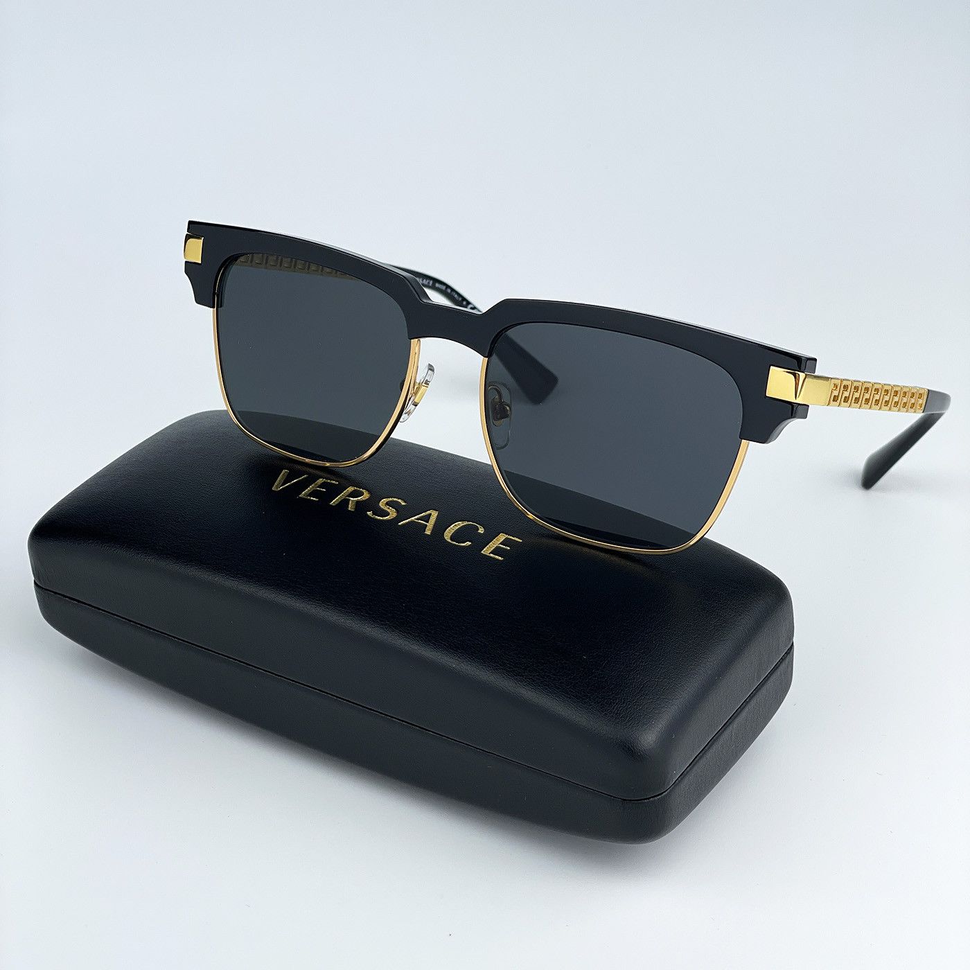 image of New Versace Ve4447 Greca Gb1/87 Square Unisex Sunglasses in Black/Dark Grey, Men's