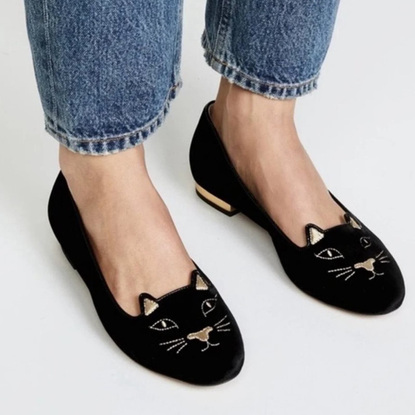 image of Charlotte Olympia Kitty Cat Black Velvet Flats Loafers Eu 34, Women's