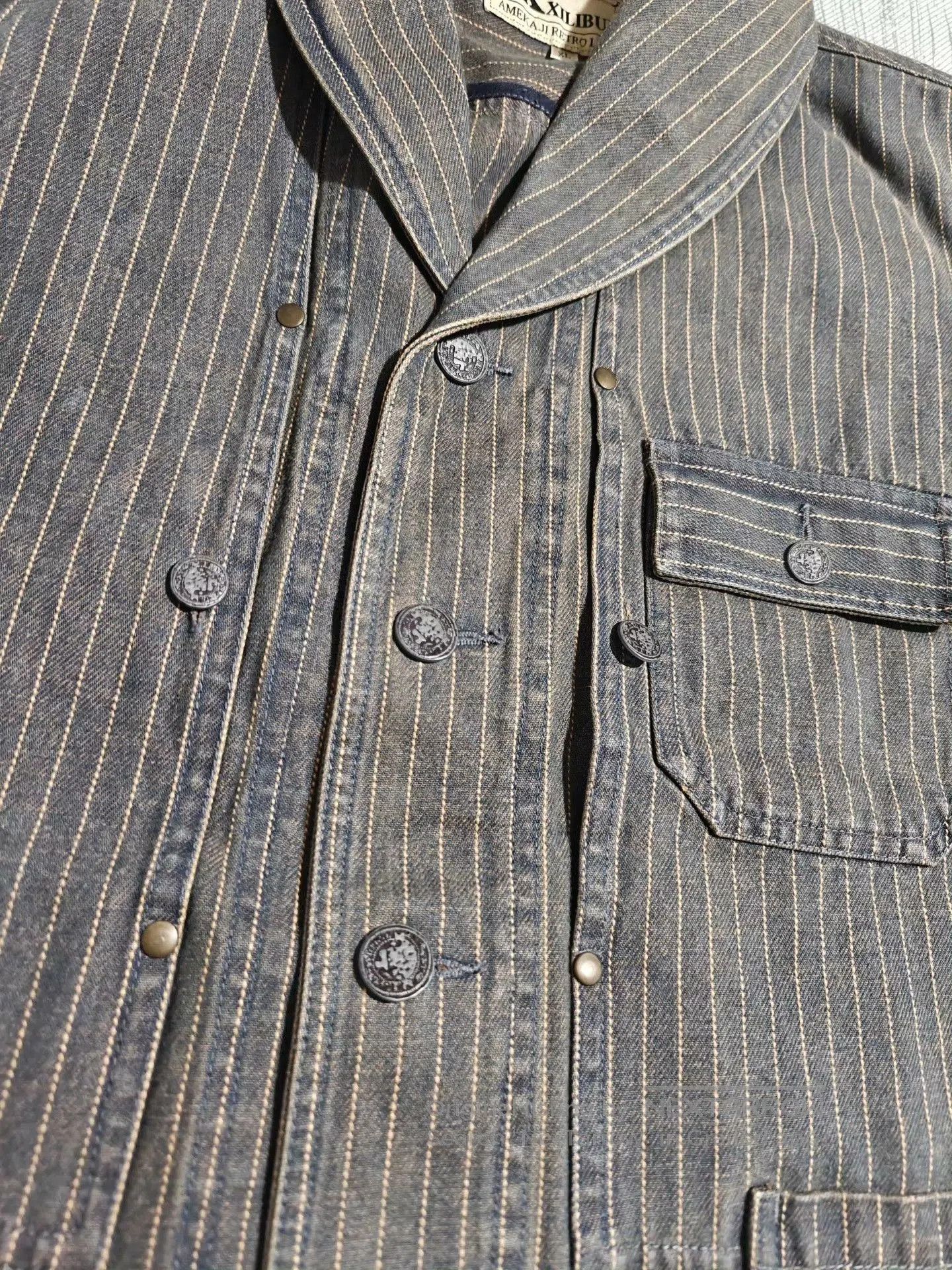 IERIB American Vintage Washed Distressed Striped Denim Jacket. Size US XL / EU 56 / 4 - 4 Thumbnail