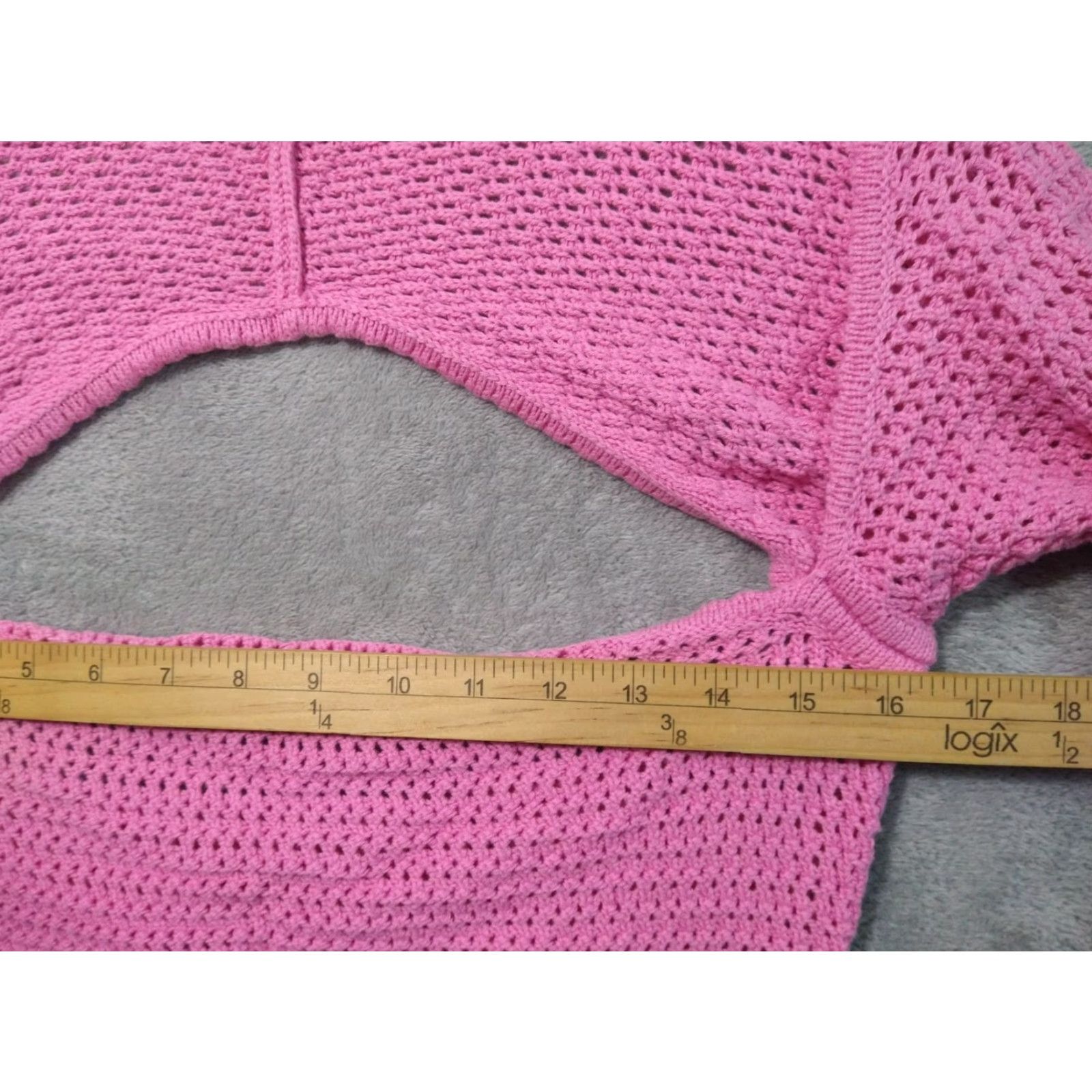 Vintage American Eagle Sweater Womens Large Pink Crop Crochet Cotton Long Sleeve Barbie Size L / US 10 / IT 46 - 4 Thumbnail