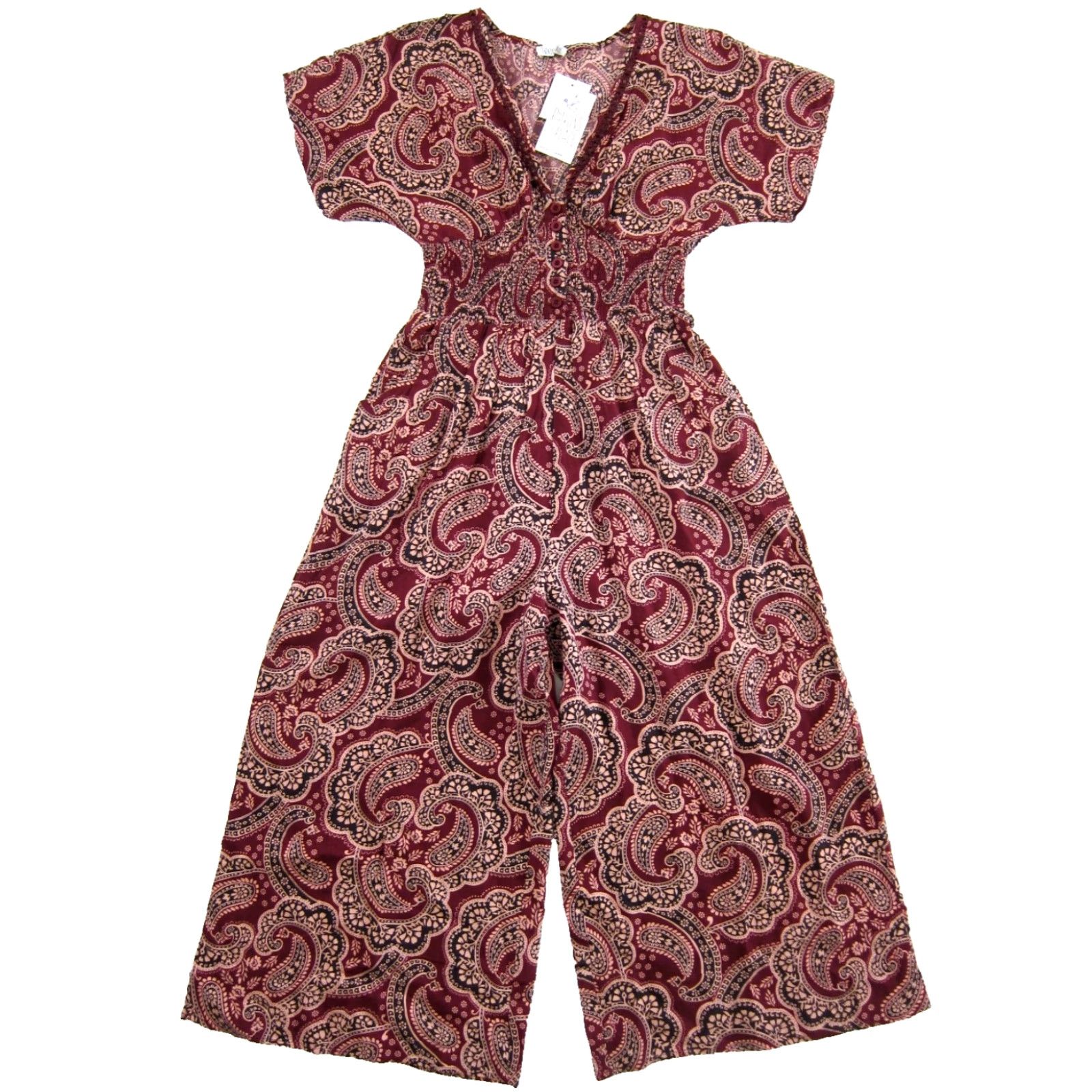 Vintage NWT Patrons Of Peace Red Black Floral Paisley Pocket Rayon Wide Leg Jumpsuit S Size 28" / US 6 / IT 42 - 2 Thumbnail