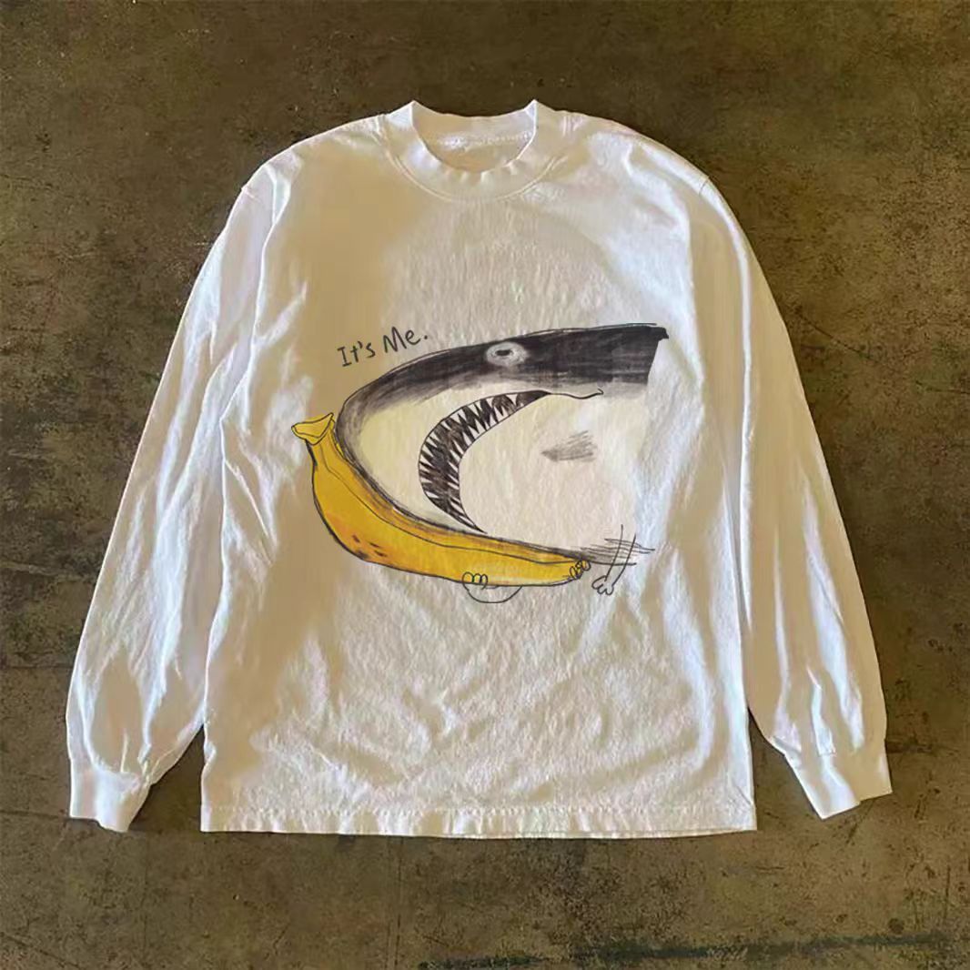 Vintage White casual retro shark print long-sleeved t-shirt Size US M / EU 48-50 / 2 - 1 Thumbnail