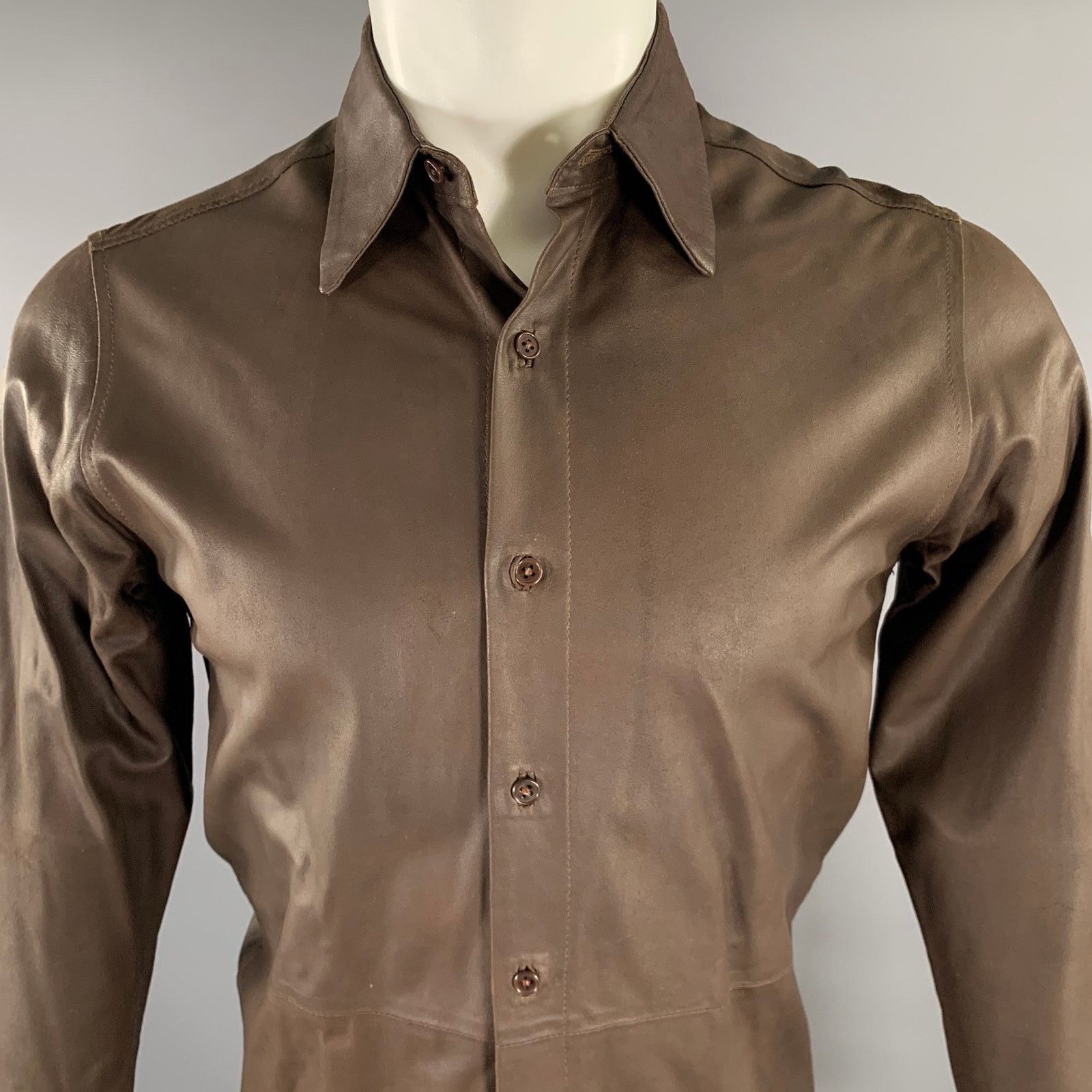 DKNY DKNY Size XS Brown Leather Long Sleeve Shirt Size US M / EU 48-50 / 2 - 2 Thumbnail