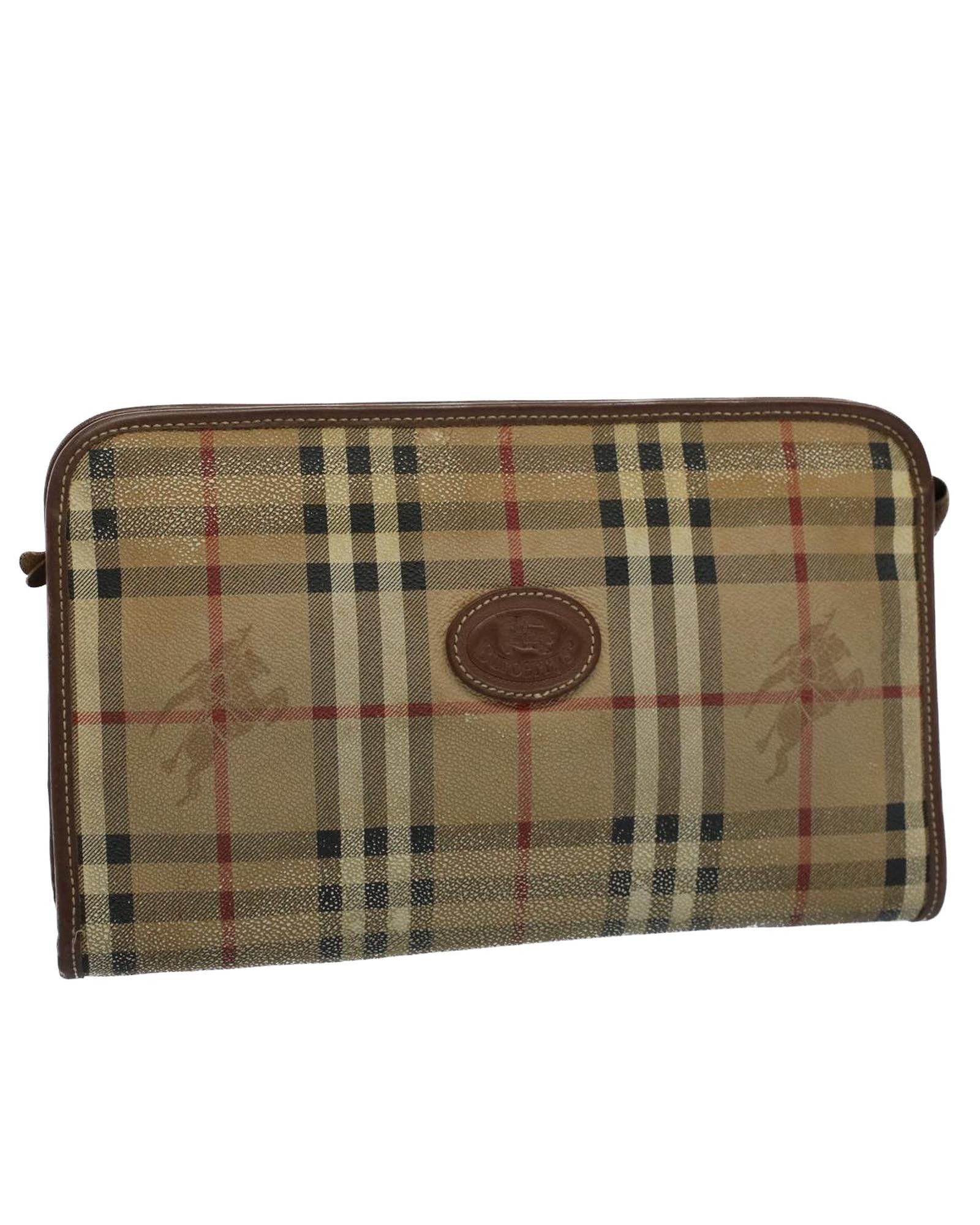 image of Burberry Beige Pvc Leather Clutch Bag With Nova Check Pattern, Women's