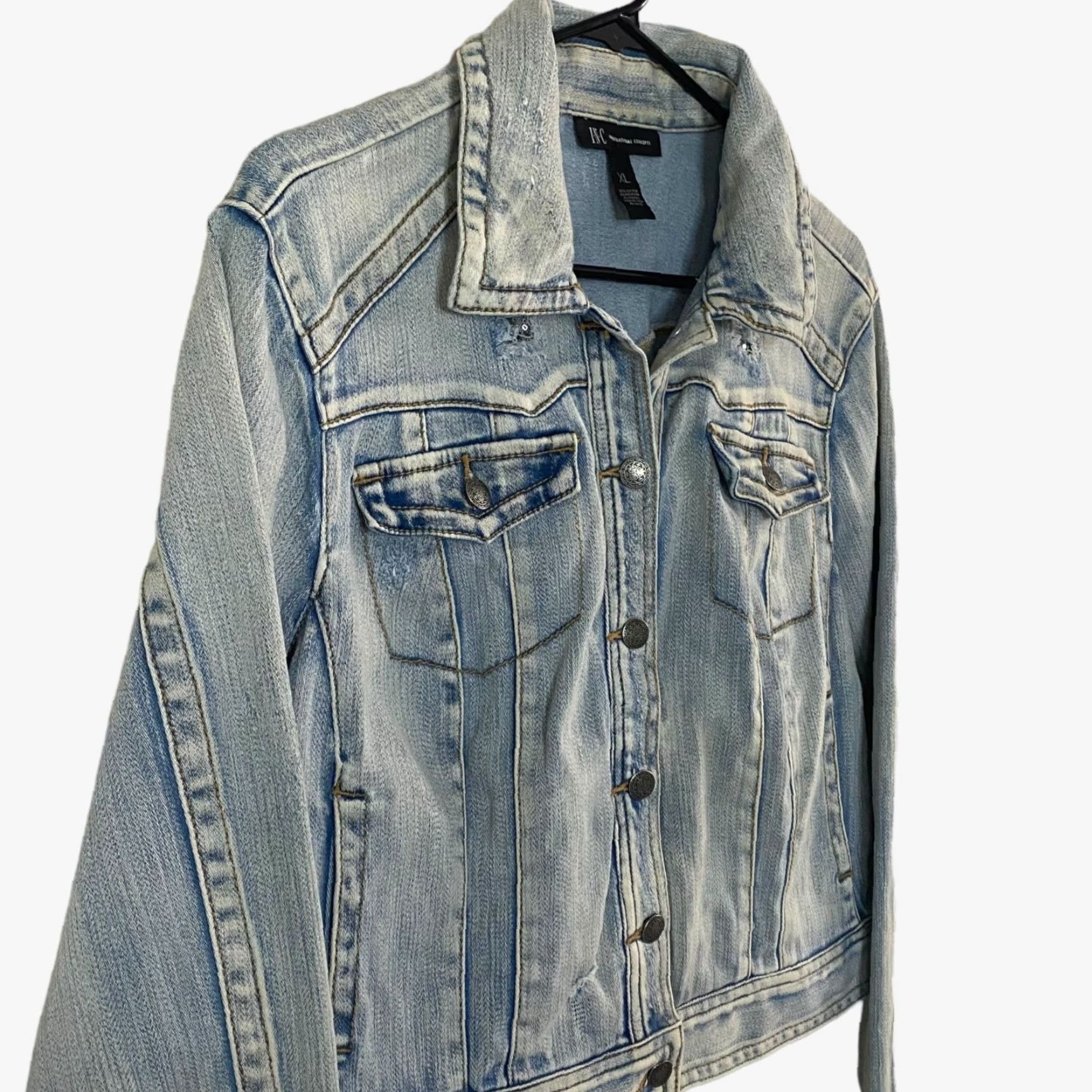 Vintage I.N.C. International Concepts Denim Jacket Sequin Distressed Button-Up Light Wash Women XL Blue City College Women Size XL / US 12-14 / IT 48-50 - 4 Thumbnail