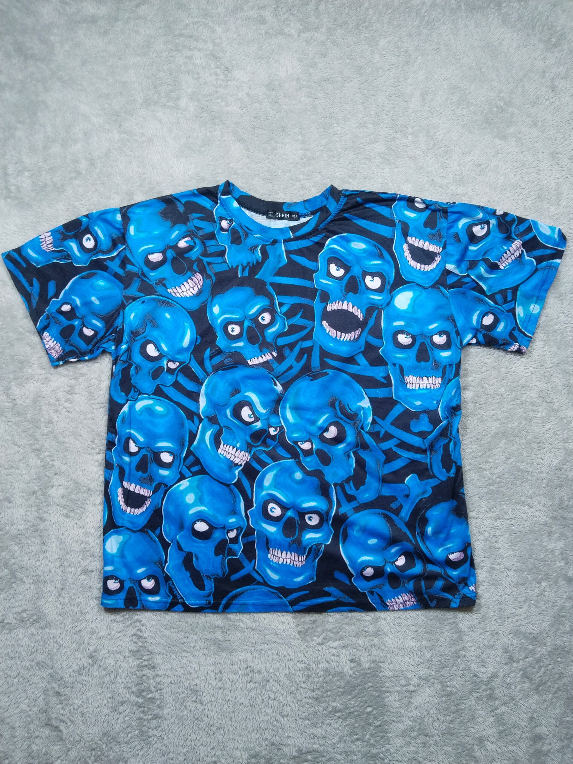 SHEIN FULL PRINT HORROR SKULLS GRAPHIC BLUE T SHIRT