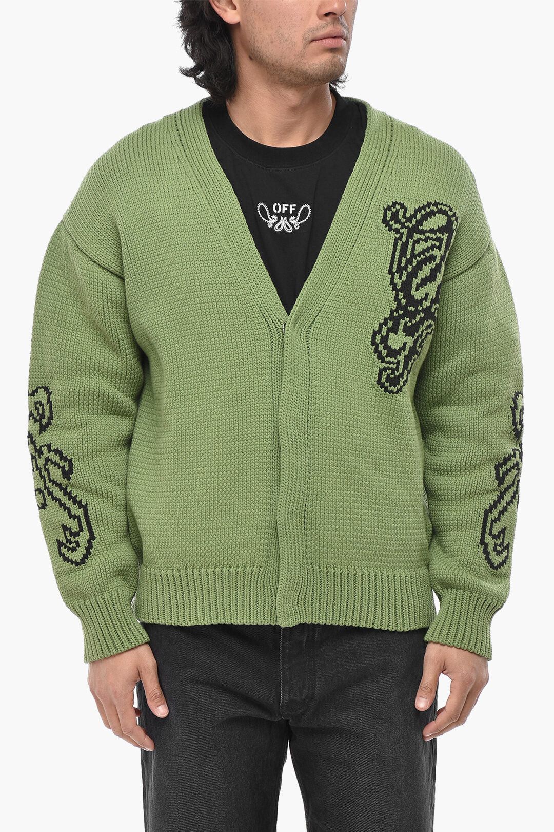 Off-White og1mm0526 Cotton-Blend Jacquard Logo Cardigan in Green/Black Size US S / EU 44-46 / 1 - 1 Thumbnail
