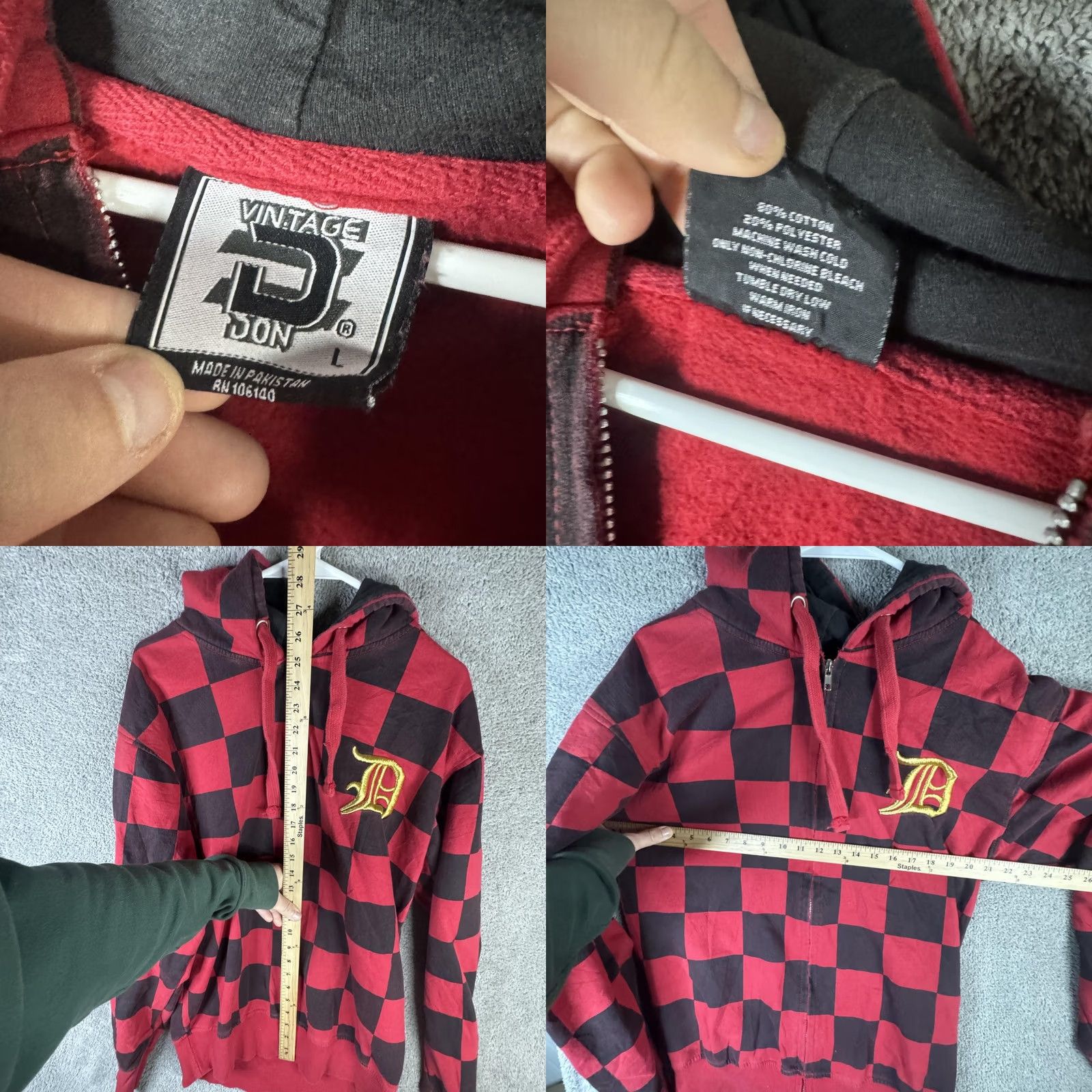 Logo 7 VINTAGE Don Hoodie Mens Large Red Checkered Full Zip Fleece D Logo Embroidered Size US L / EU 52-54 / 3 - 8 Thumbnail