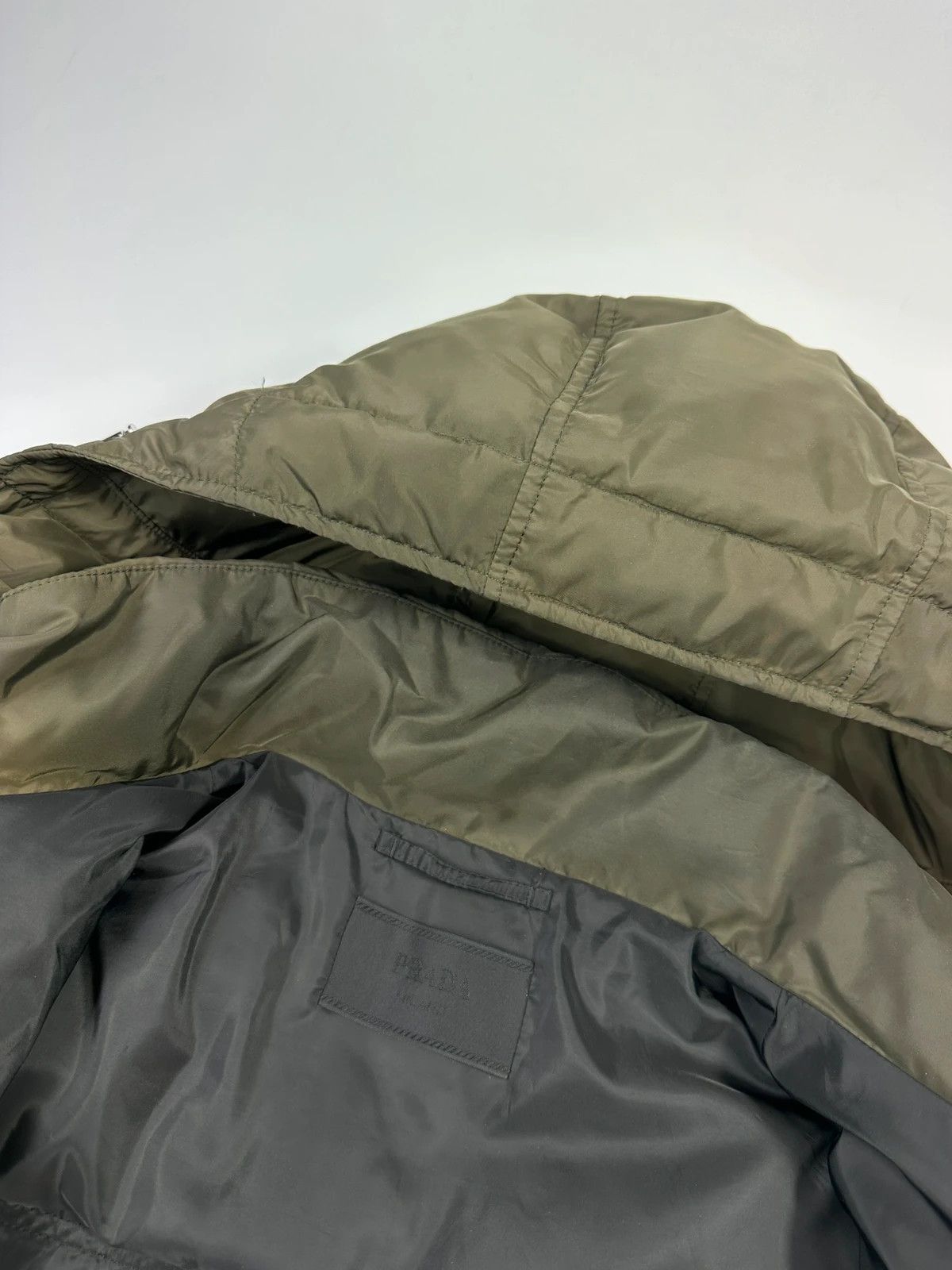 Prada Milano FW2024 Khaki Puffer Down Hooded Jacket Triangle