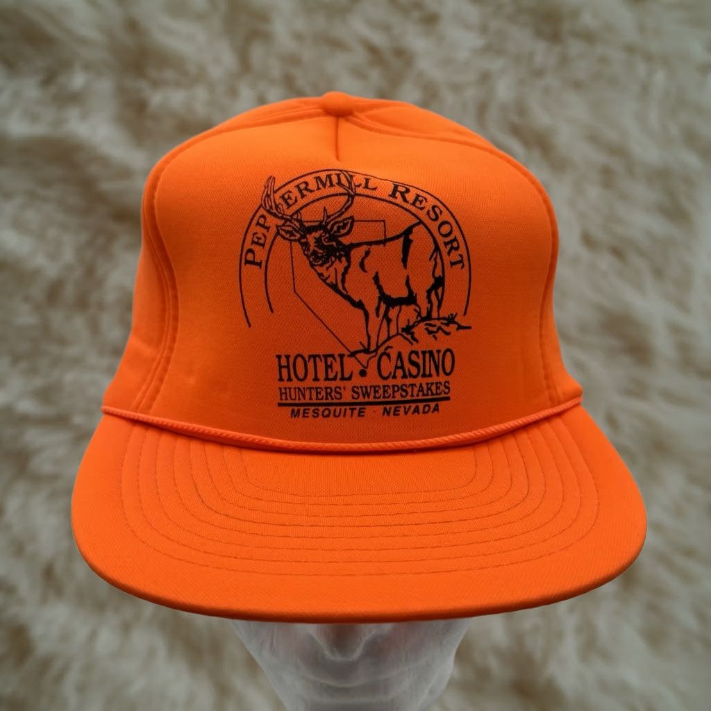 Hunter VINTAGE Mohr's Peppermill Resort Hotel Casino Trucker Hat Snapback Orange Unisex Adults Adjustable Nylon Foam Size ONE SIZE - 1 Thumbnail