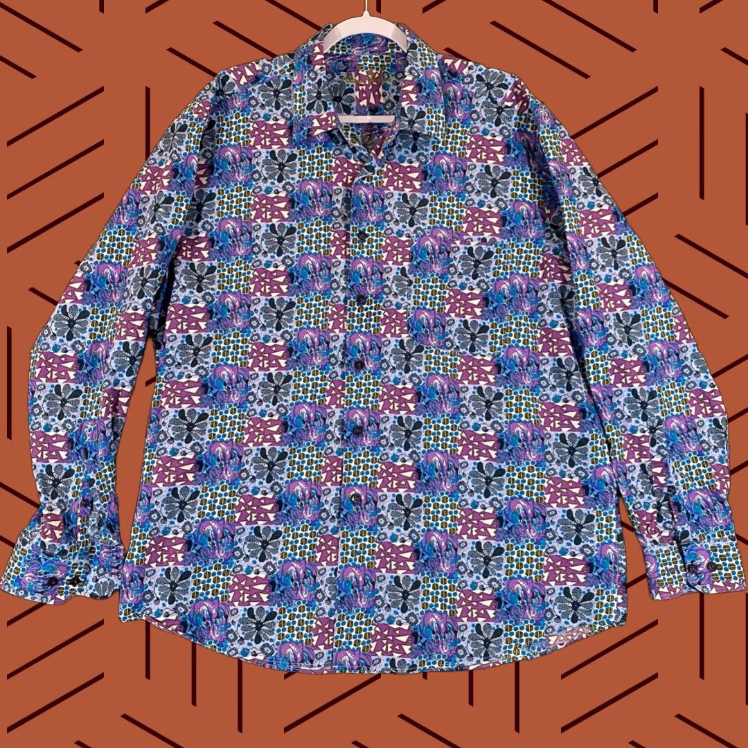 Vintage Alan Flusser Shirt Mens XL Button Down Floral Geometric Print Long Sleeve Dress Size 46R - 1 Thumbnail