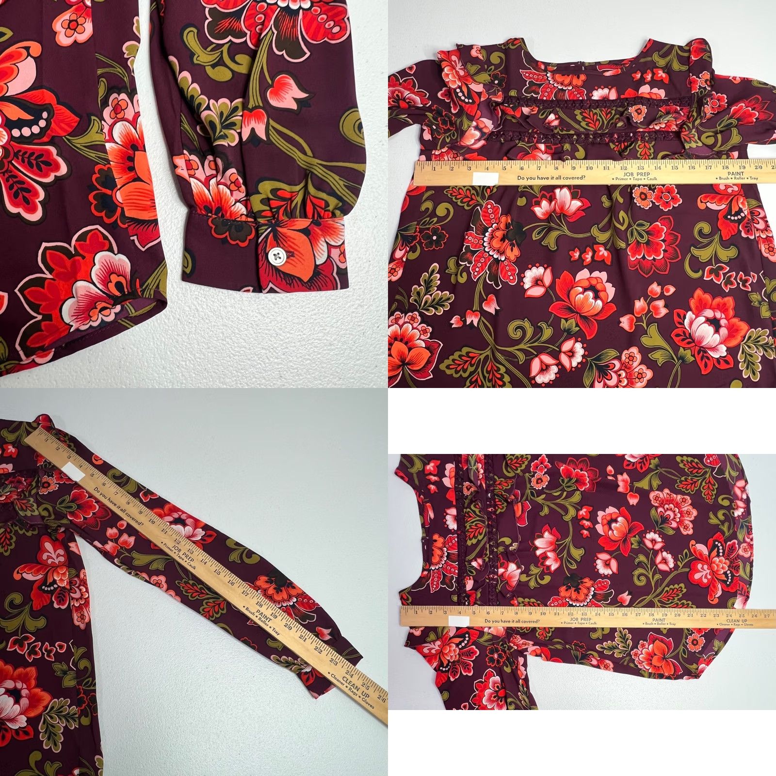 Loft LOFT Floral Crochet Long Sleeve Ruffle Top Womens XS Burgundy Red Olive Green Boho OfficeBlouse Size XS / US 0-2 / IT 36-38 - 9 Thumbnail