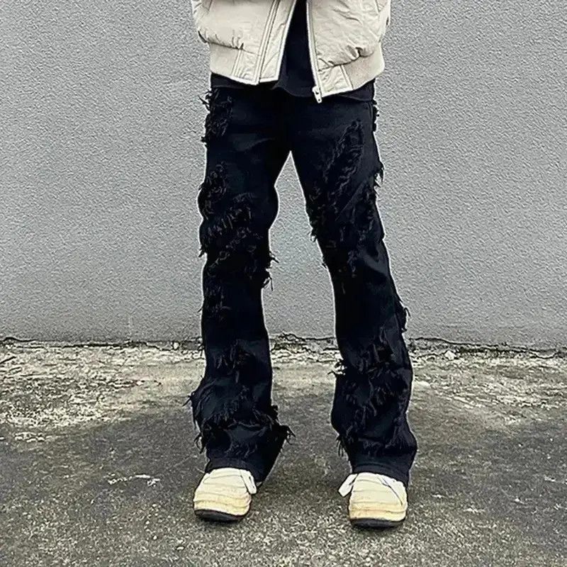 Japanese Brand Opium Distressed Black Stack Denim Jeans y2k retro style Size US 32 / EU 48 - 3 Thumbnail