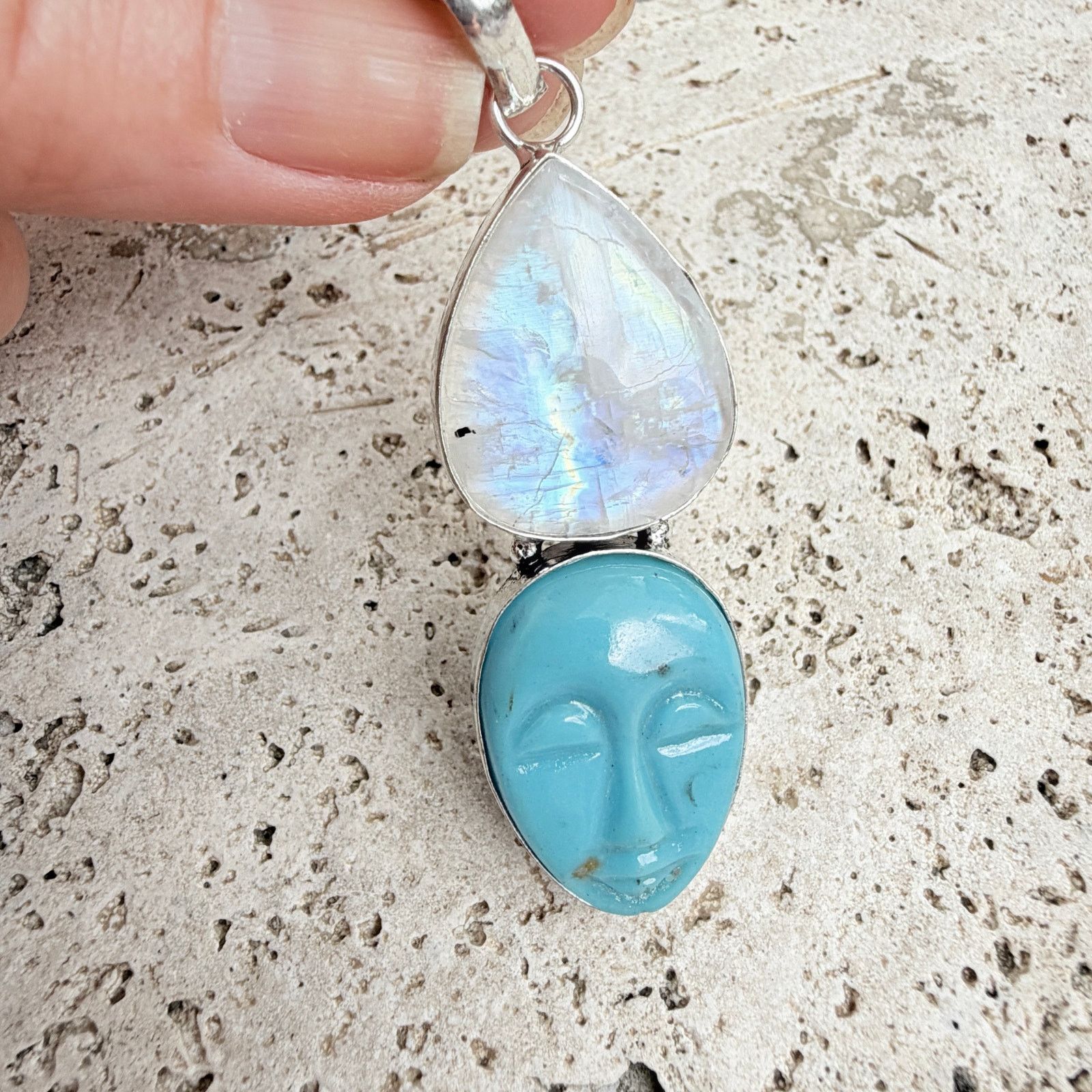 The Unbranded Brand Rainbow Moonstone Moon Face Blue Agate Pendant 925 Overlay Size ONE SIZE - 2 Thumbnail
