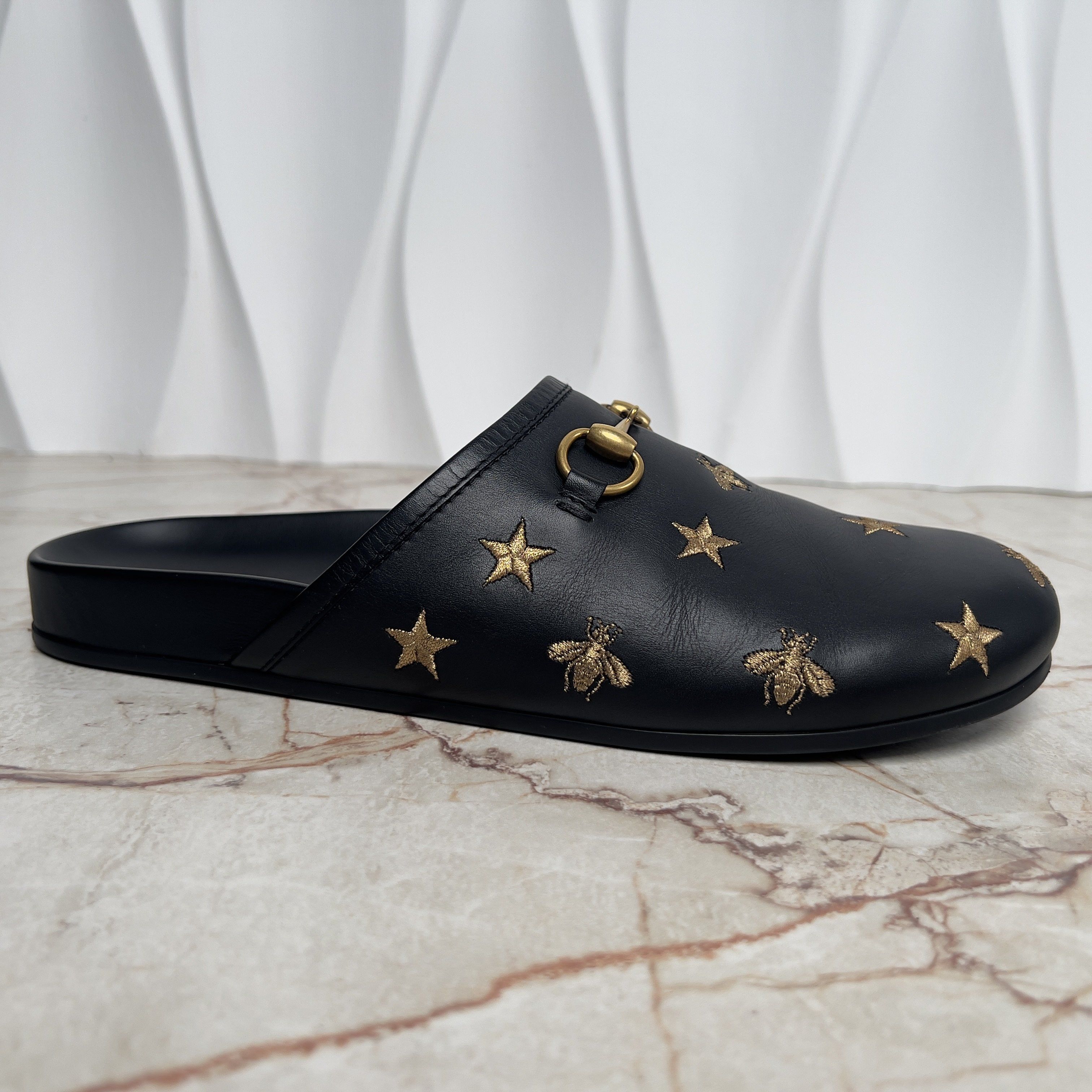 Horsebit Bee Star Embroidered River Slippers Mule Leather