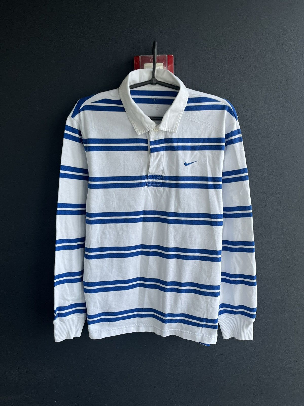 Pre-owned Nike X Vintage Y2k Nike Swoosh Stripped Rugby Polo Long Sleeve In White Blue