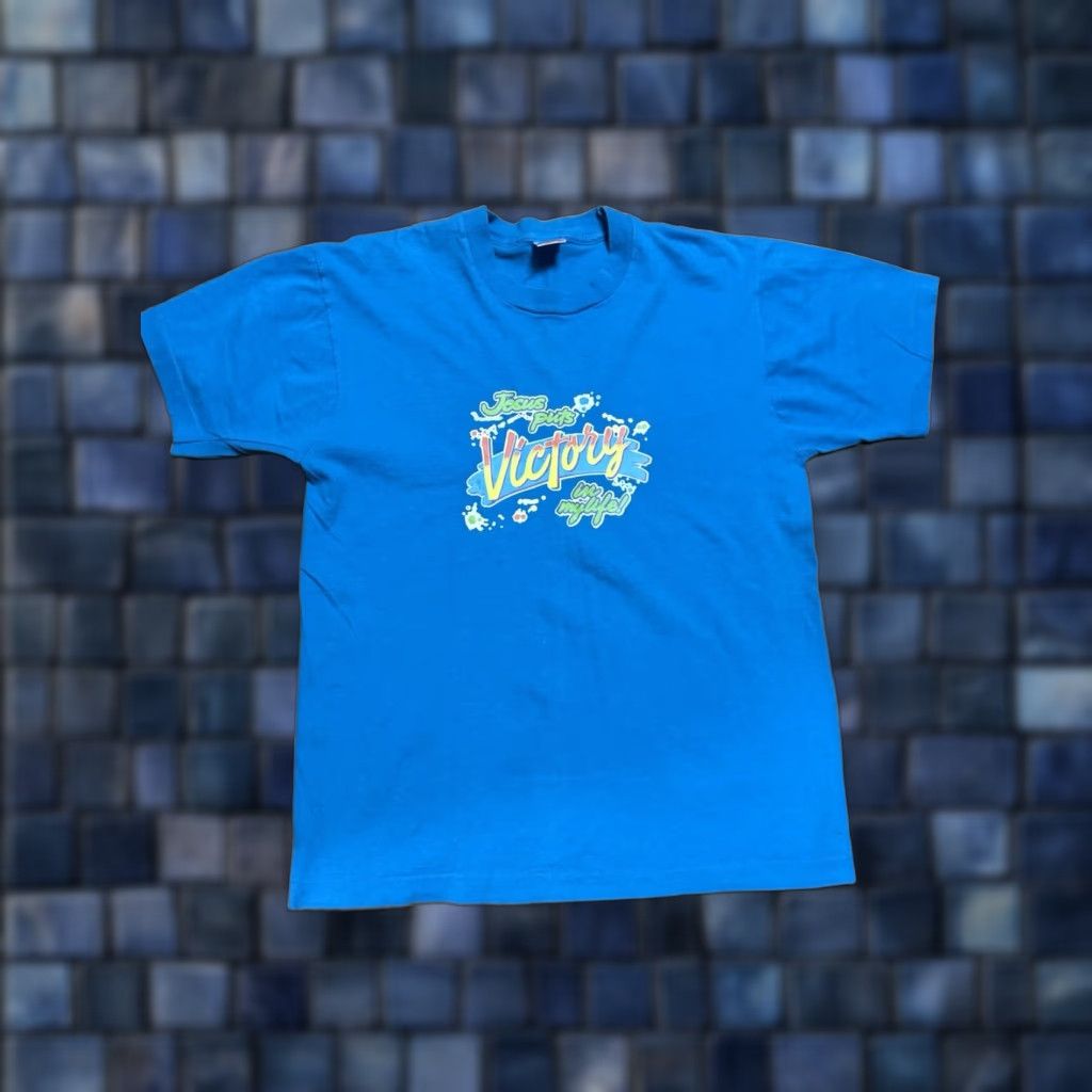 Fruit Of The Loom VINTAGE Fruit of the Loom Jesus Tee Single Stitch Light Blue L Mens Men's T-Shirt 90s Religion Jesus Boys/Girls? Size US L / EU 52-54 / 3 - 1 Thumbnail