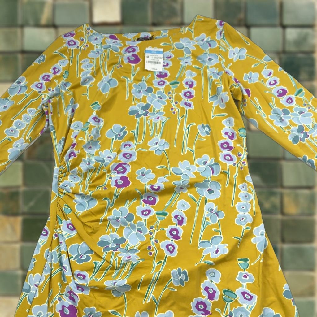 J.McLaughlin J. McLaughlin Dress - NEW MED A-Line Sheath Nylon Ruched Knee Floral Dark Yellow Women's Midi Knee Floral Yellow Dress Size M / US 6-8 / IT 42-44 - 1 Thumbnail