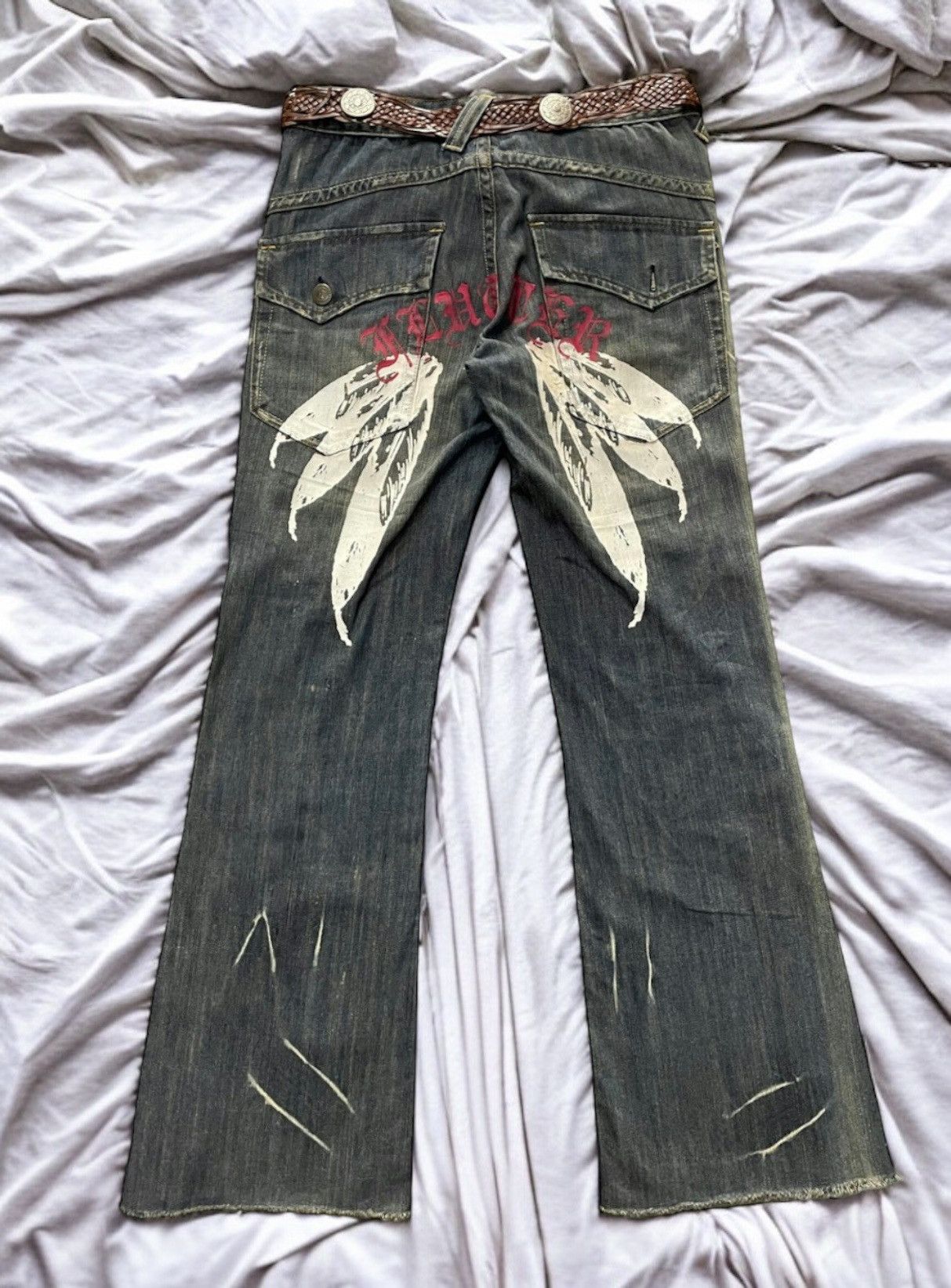 Rollin Japan Flared Printed Denim With Distressed Belt
