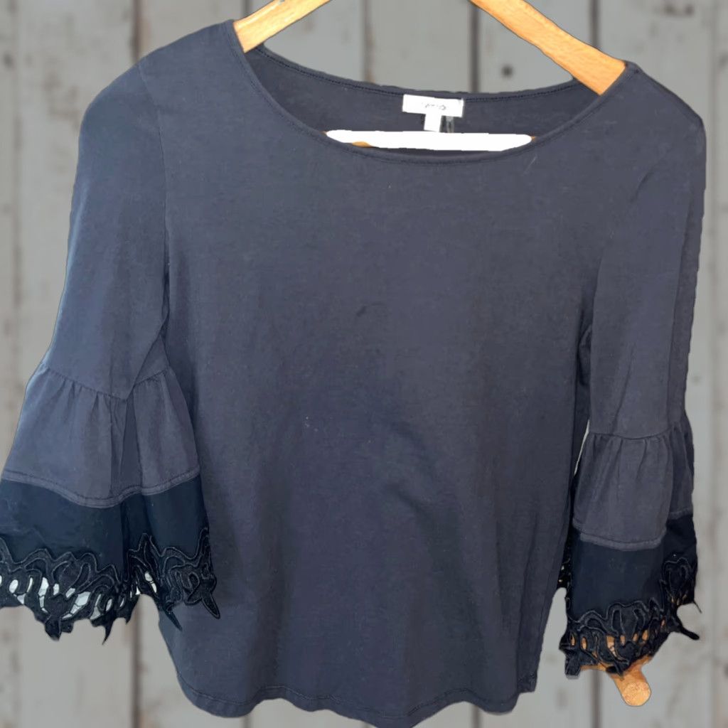 Bell Tyler Boe BLACK Shirt Women Small Wide Crocheted Lace jagged Bell Sleeves Cotton Size S / US 4 / IT 40 - 1 Thumbnail