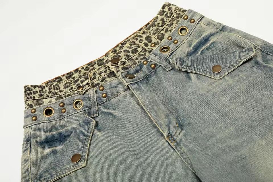 Jean Leopard Streetwear Baggy Y2k Loose Jeans Pants Size US 35 - 3 Thumbnail
