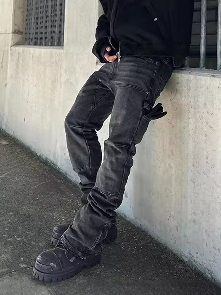 Japanese Brand Faded Black Stacked Carpenter Denim - Flare / Zip Hem Size US 34 / EU 50 - 2 Thumbnail