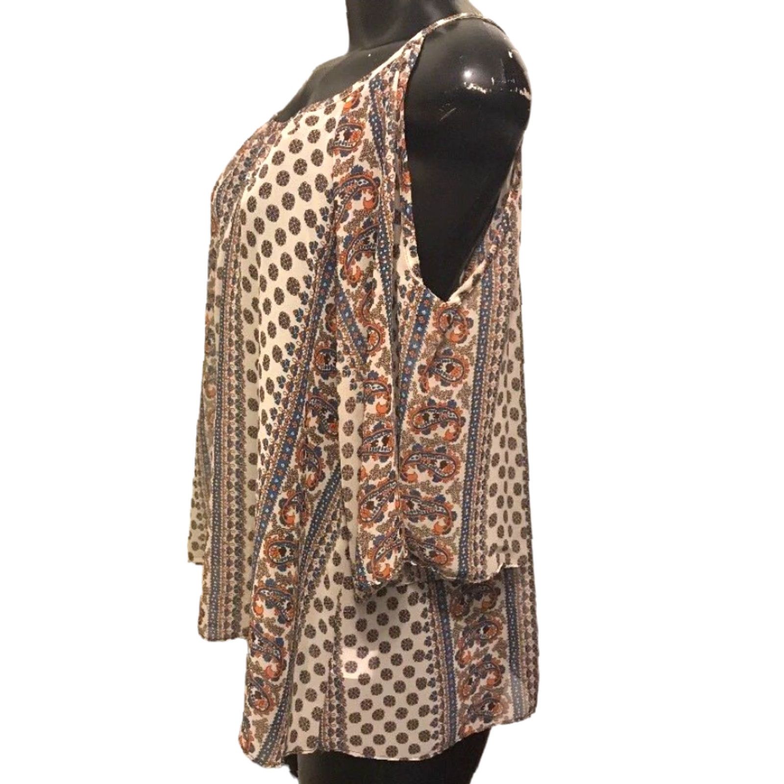 Vintage Soprano Blouse Boho Paisley Short Sleeve Open Shoulder M Soprano Womens Boho Blouse Tan Blue Orange Brown 100% Polyester Size M / US 6-8 / IT 42-44 - 2 Thumbnail