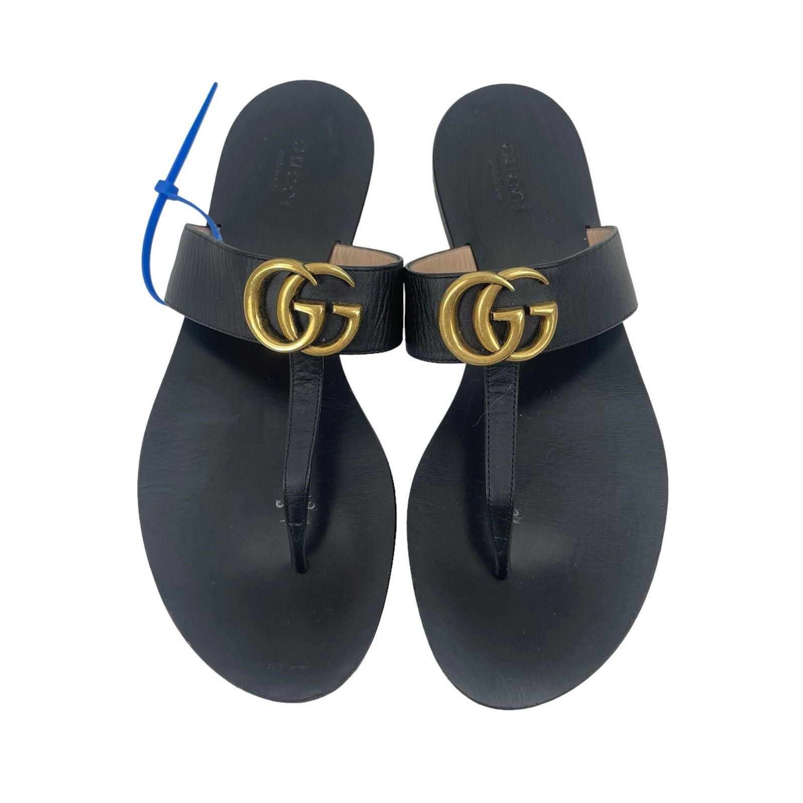 Gucci Leather Thong Sandals With Double G Logo Black 37.5, Women's