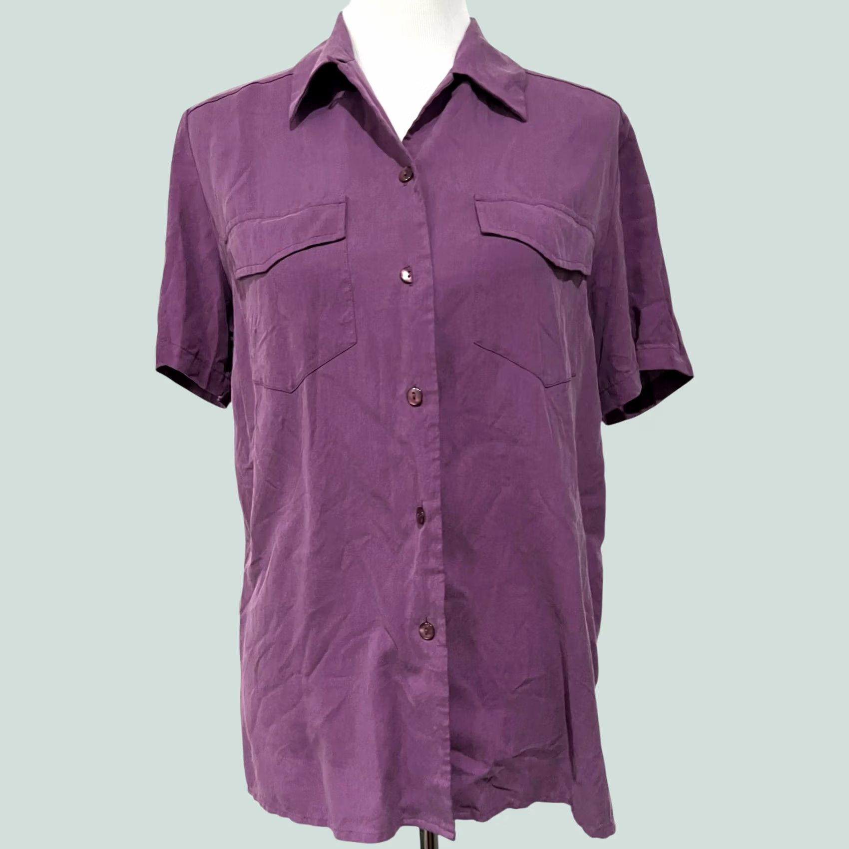 Vintage VINTAGE Anna and Frank Silk Blouse Button Up Womens Size M Short Sleeve Pockets Purple 90s Classic Hipster Solid Collared Size M / US 6-8 / IT 42-44 - 1 Thumbnail