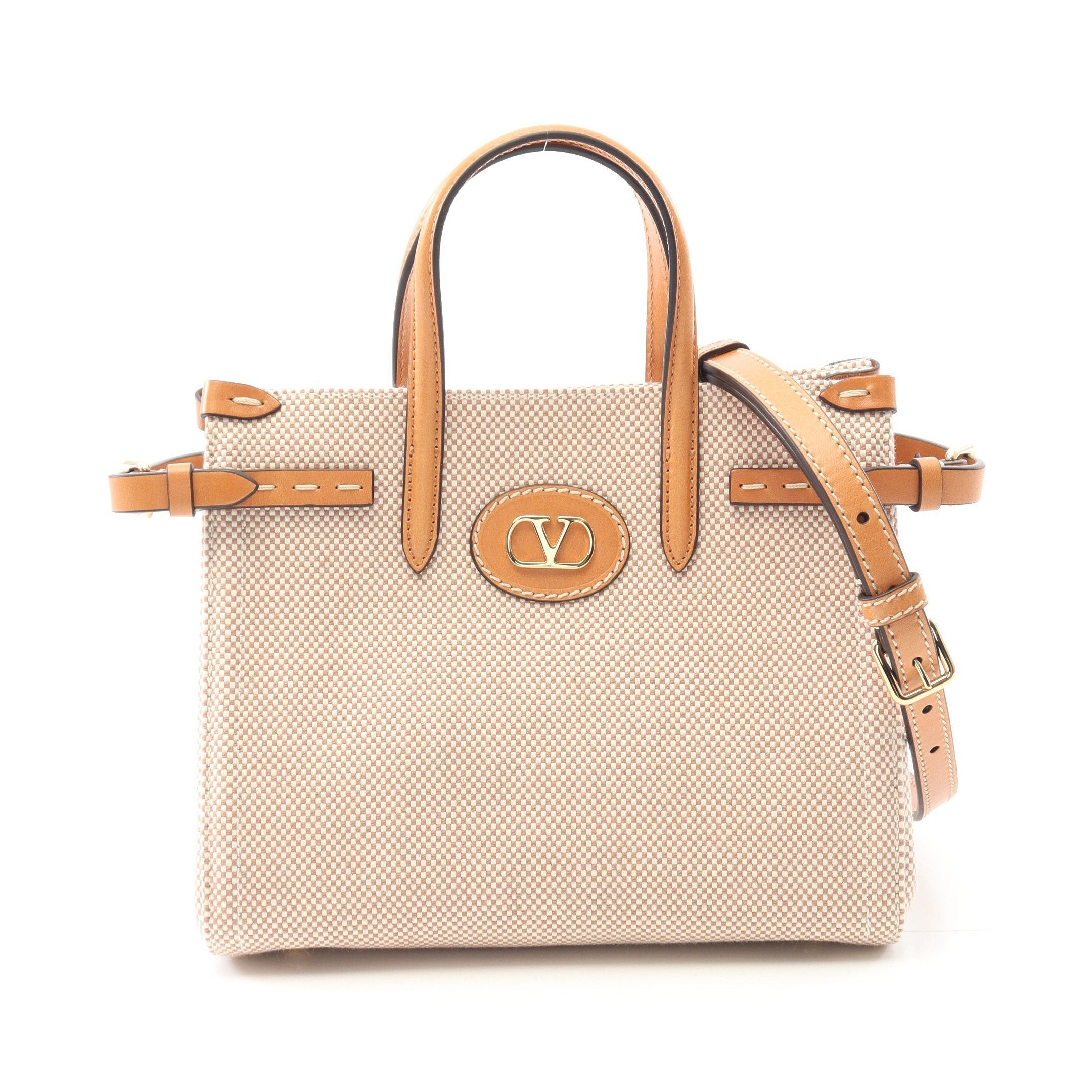 Valentino Antibes Handbag Canvas Leather Beige Light Brown