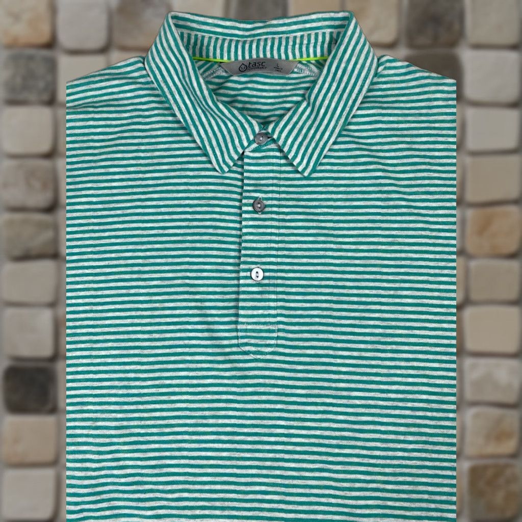Vintage Tasc Performance Polo Shirt Men Striped Short Sleeve Button Collared Cotton Blend Size L Green Polo Mens Shirt Size US L / EU 52-54 / 3 - 1 Thumbnail