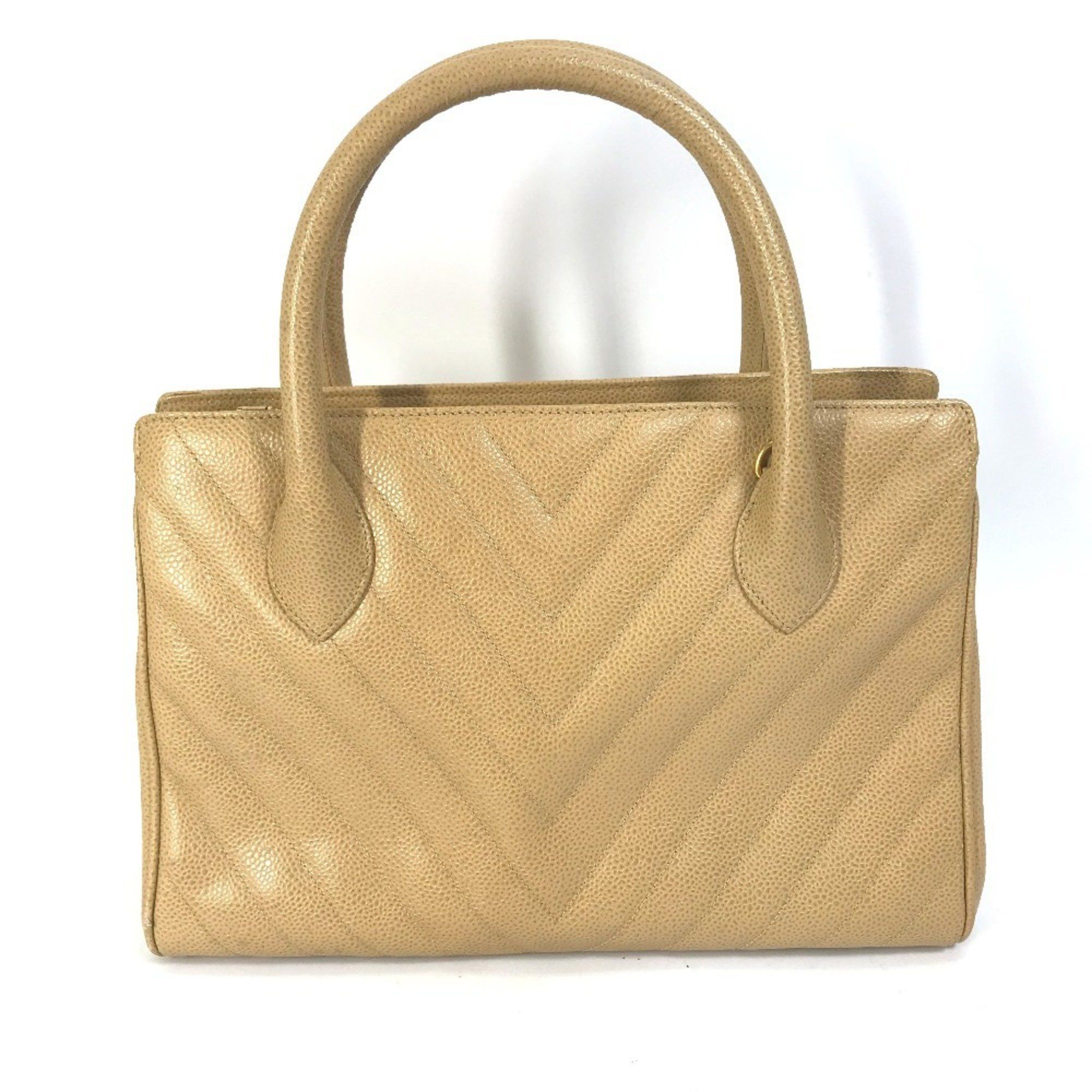 CHANEL Chevron V-Stitch Vintage Tote Bag Caviar Leather Women's Beige